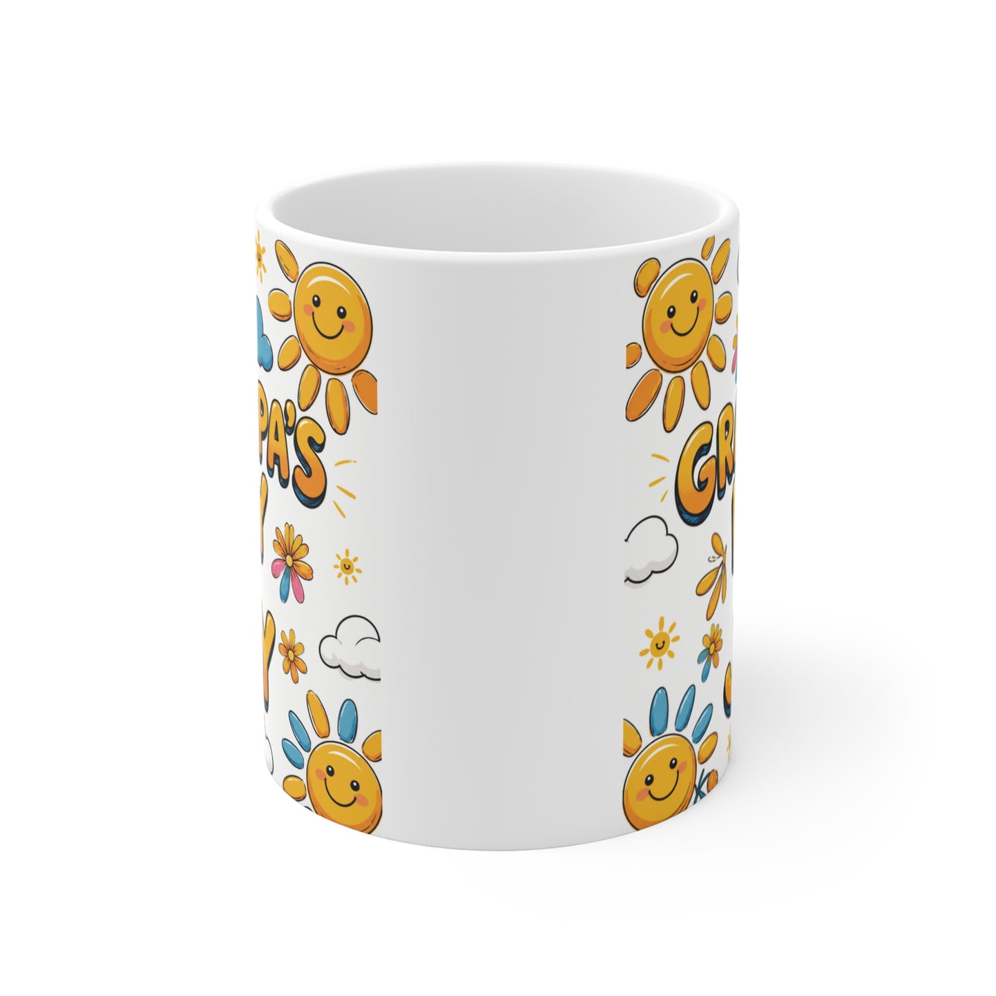 Cute grandpa coffee mug with sunshine theme and Grandpa's Ray of Joy text, perfect gift for Father's Day, birthdays, and Christmas.