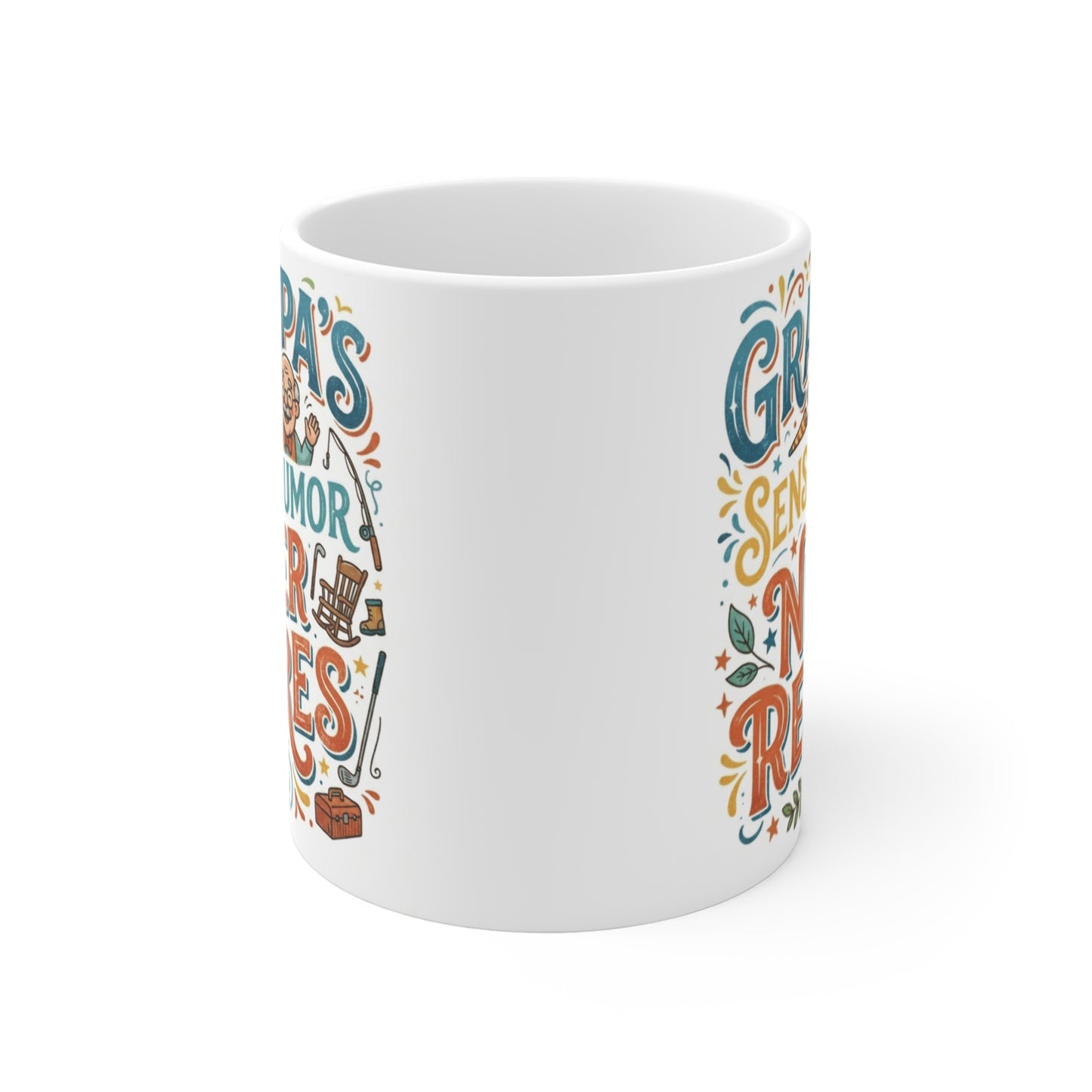 Funny Grandpa coffee mug with colorful retro lettering reading "Grandpa's Sense of Humor Never Retires," ideal for Father's Day, birthday, or retirement gift.