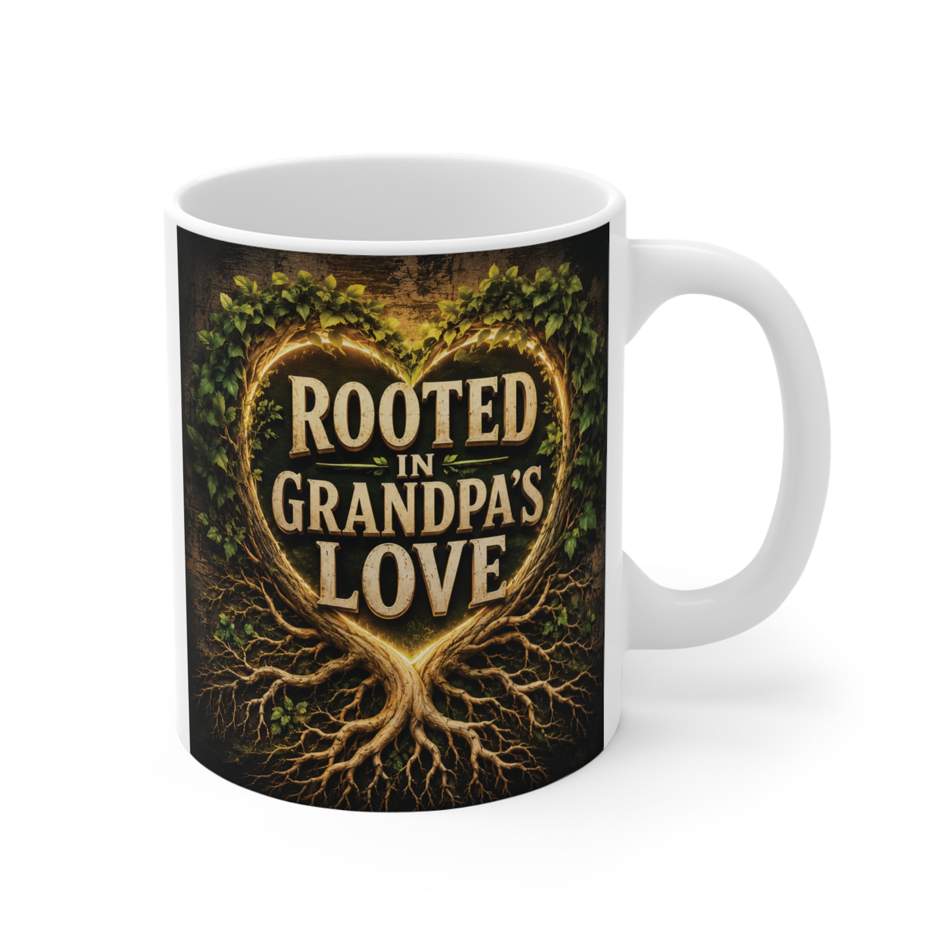 11oz white ceramic mug featuring the phrase "Rooted In Grandpa's Love" inside a glowing heart-shaped tree root design, perfect gift for Grandpa and Grandfather.