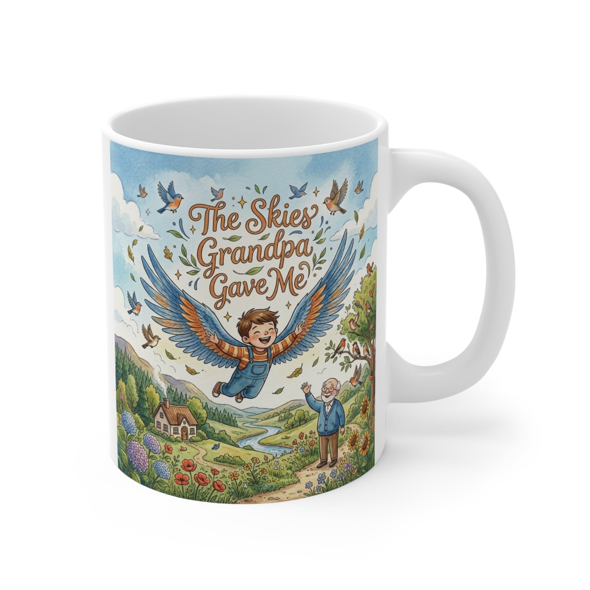 11oz ceramic coffee mug featuring The Skies Grandpa Gave Me design with a flying child, grandpa figure, countryside landscape, and inspirational artwork.