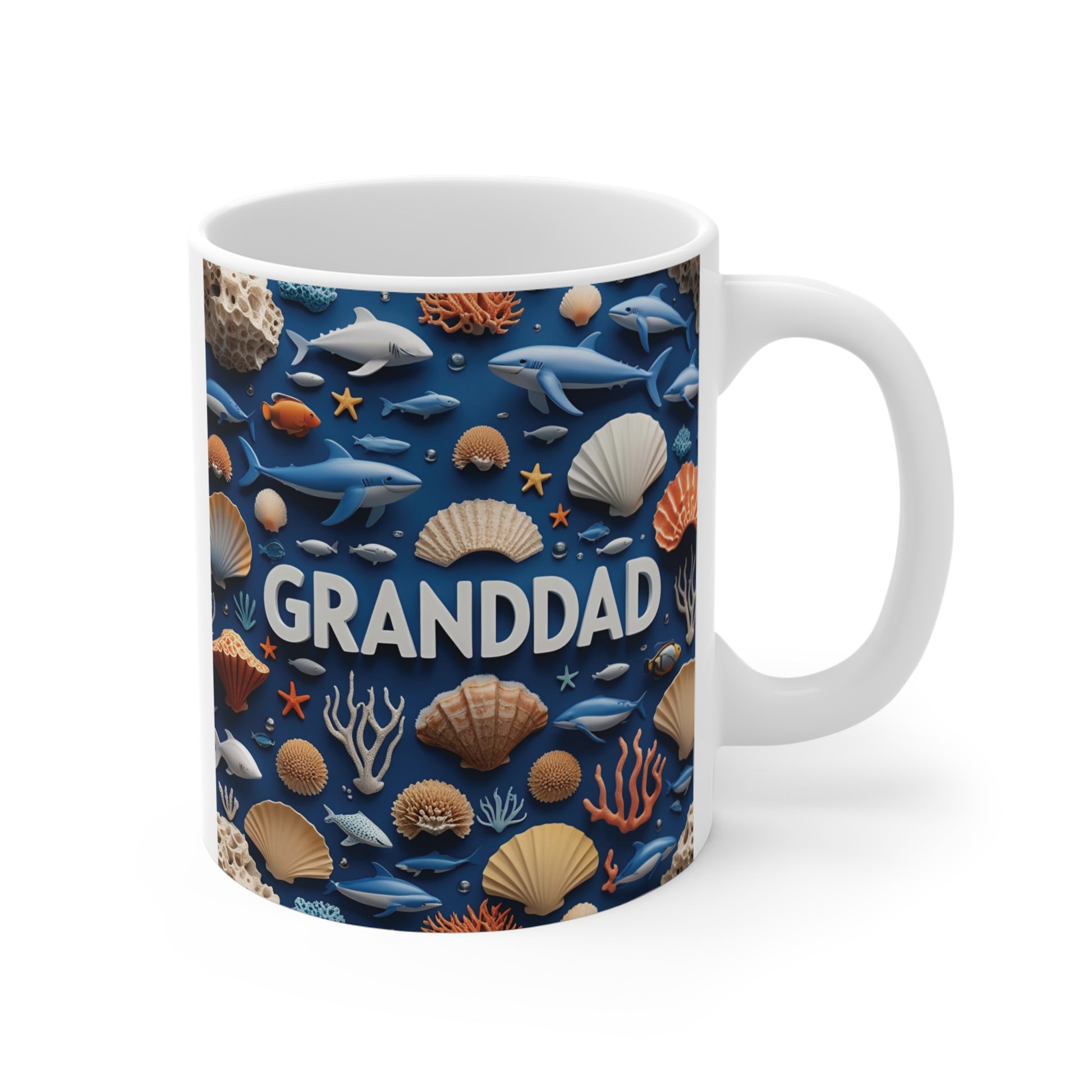 11oz Granddad ocean theme ceramic mug with dolphins, seashells, coral, and marine life design on blue background