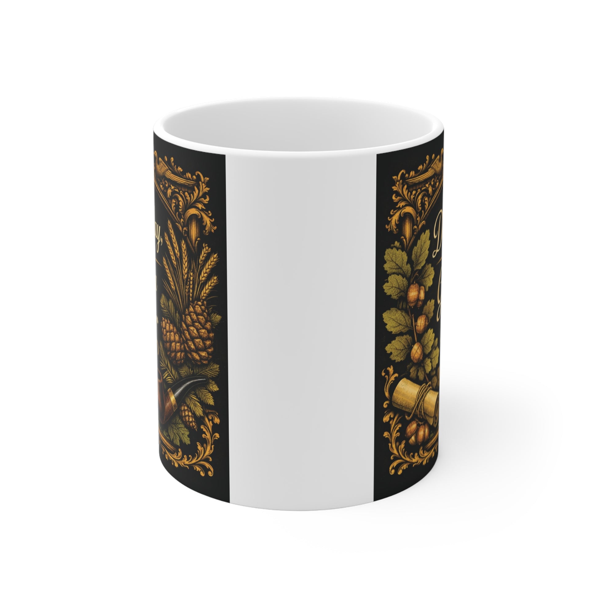 Grandpa gift coffee mug with Dad Today Grandpa Forever message, decorative vintage design, gold accents, pinecones, compass, and pipe illustration.