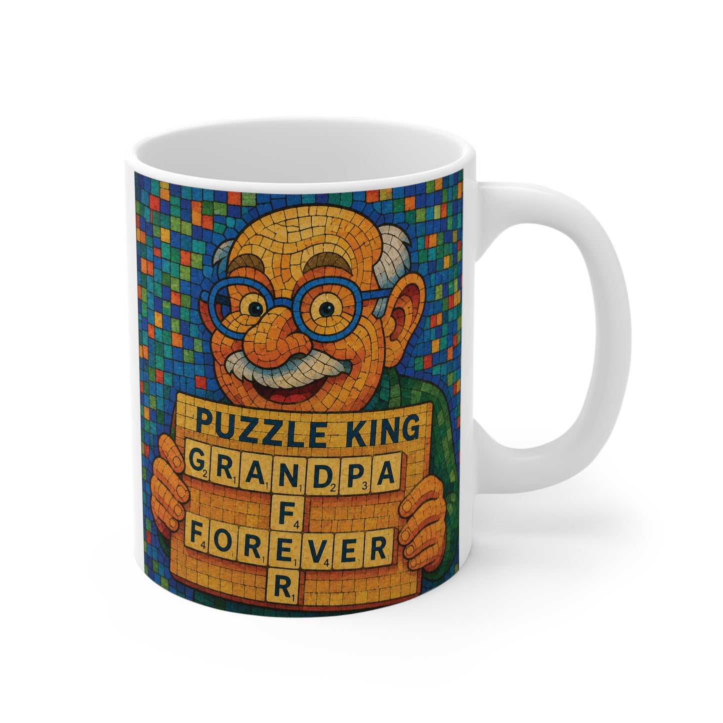 Colorful Puzzle King Grandpa mug featuring a smiling grandfather holding word game tiles spelling Grandpa Forever on an 11oz ceramic coffee cup.