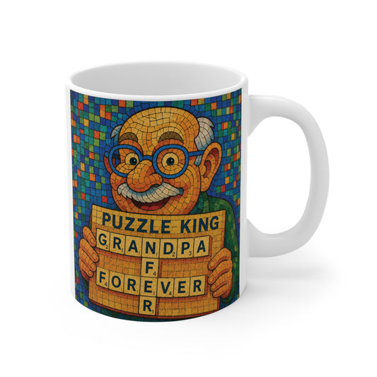 Colorful Puzzle King Grandpa mug featuring a smiling grandfather holding word game tiles spelling Grandpa Forever on an 11oz ceramic coffee cup.