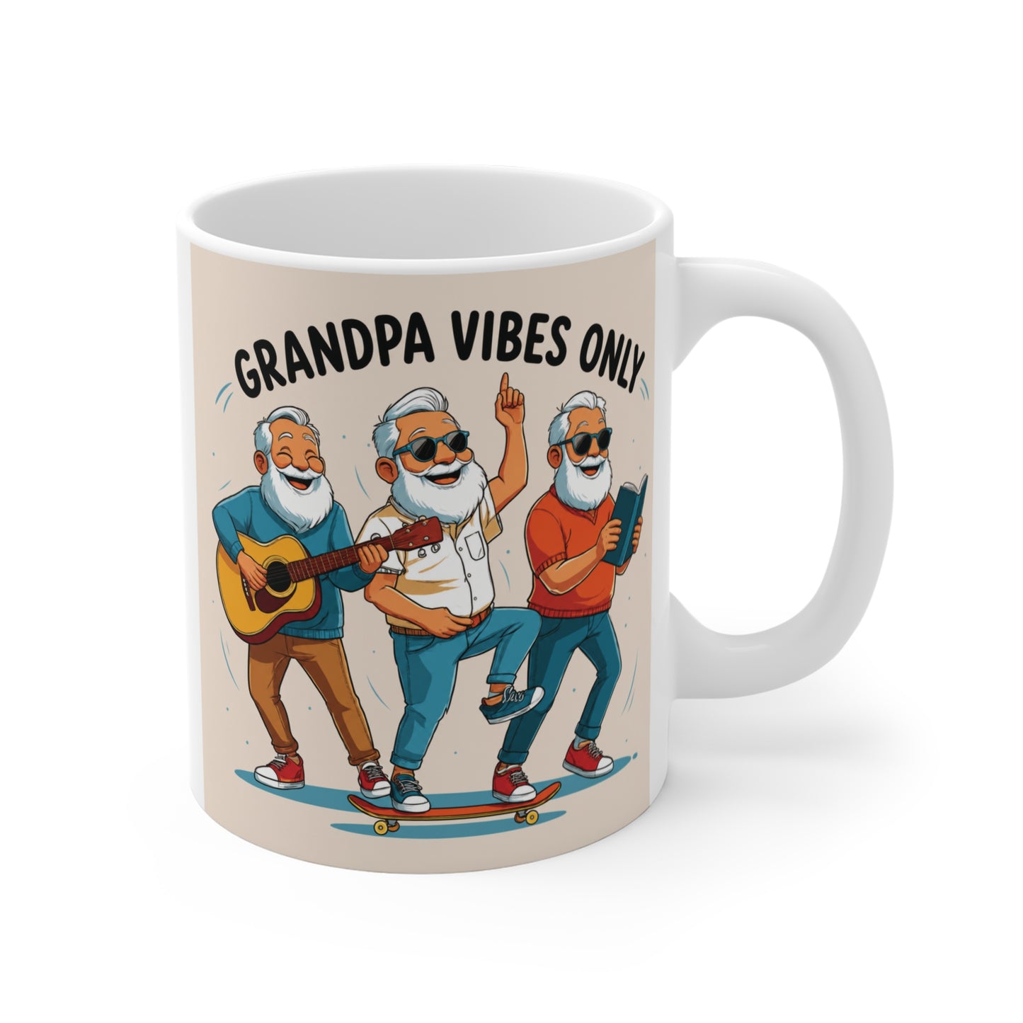 Grandpa Vibes Only 11oz coffee mug featuring three stylish grandpas playing guitar, skateboarding, and reading, funny gift for grandpa and grandfather.