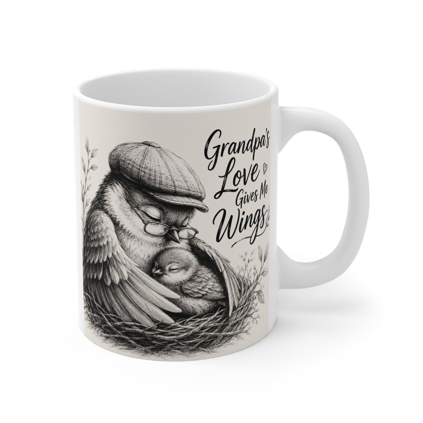 White 11oz ceramic mug featuring a detailed bird illustration with chicks and the quote "Grandpa's Love Gives Me Wings," perfect gift for Grandpa.