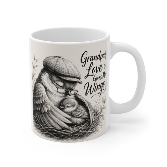 White 11oz ceramic mug featuring a detailed bird illustration with chicks and the quote "Grandpa's Love Gives Me Wings," perfect gift for Grandpa.