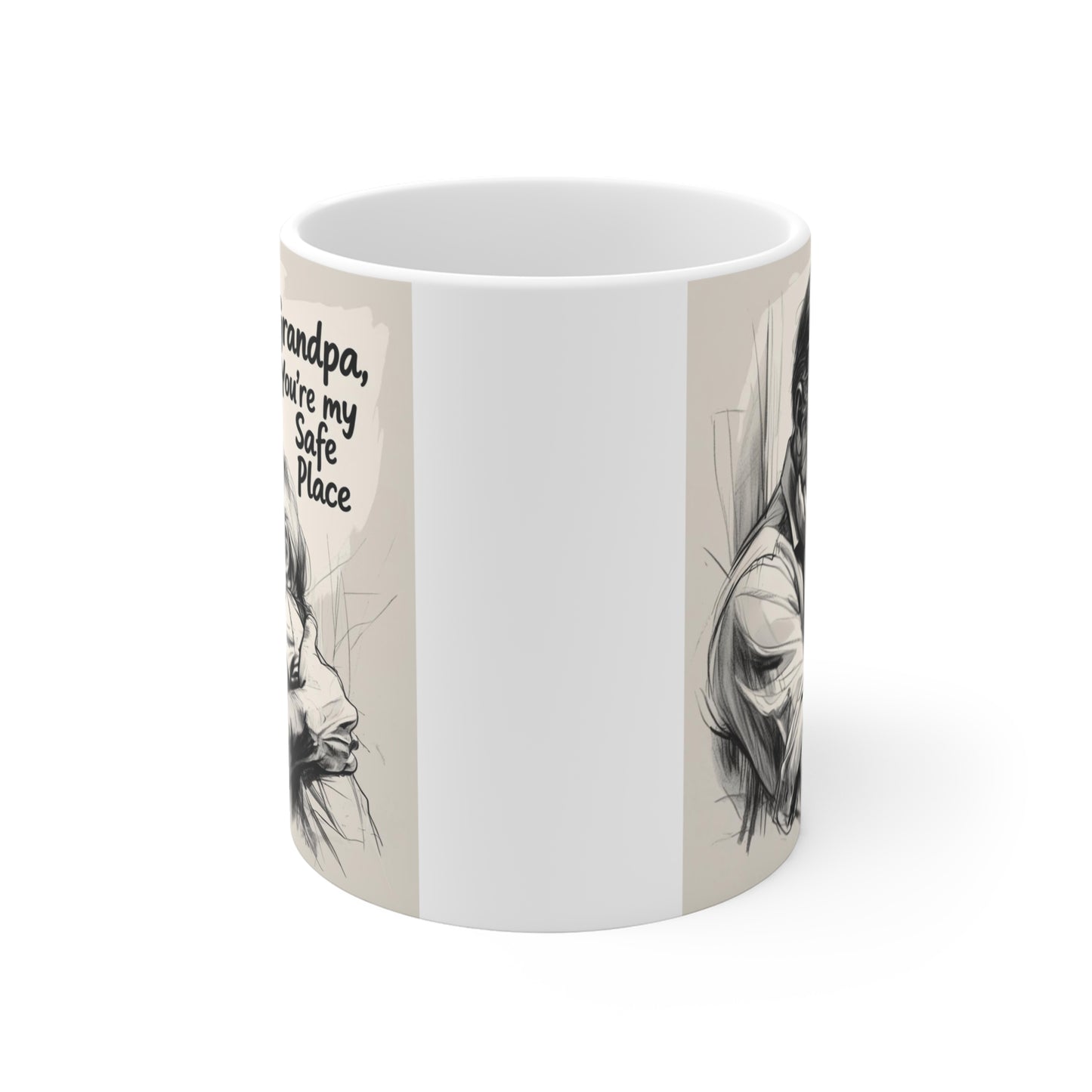 White coffee mug with emotional grandfather and grandchild illustration, perfect gift for Grandpa from grandson or granddaughter.