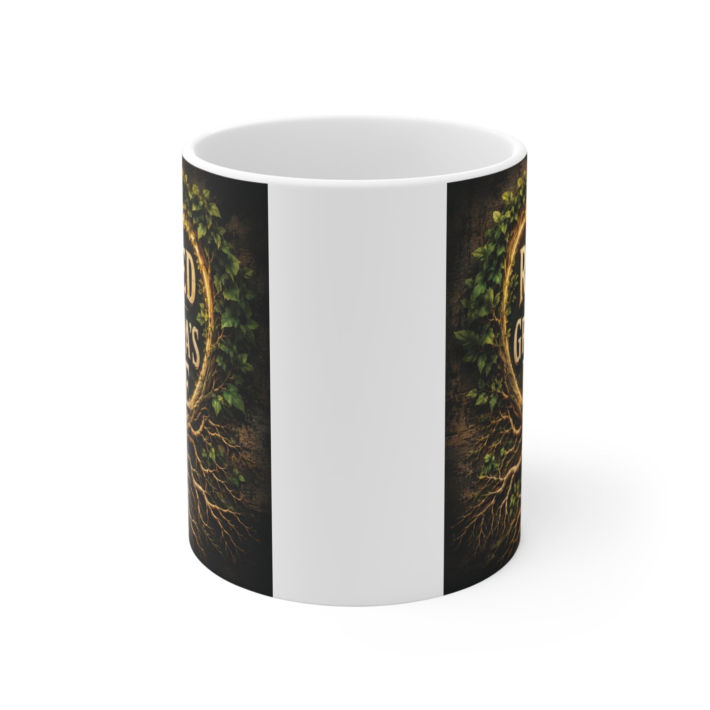 Grandpa coffee mug with heart-shaped family tree roots artwork and Rooted In Grandpa's Love quote, meaningful Father's Day and birthday gift for Grandpa.