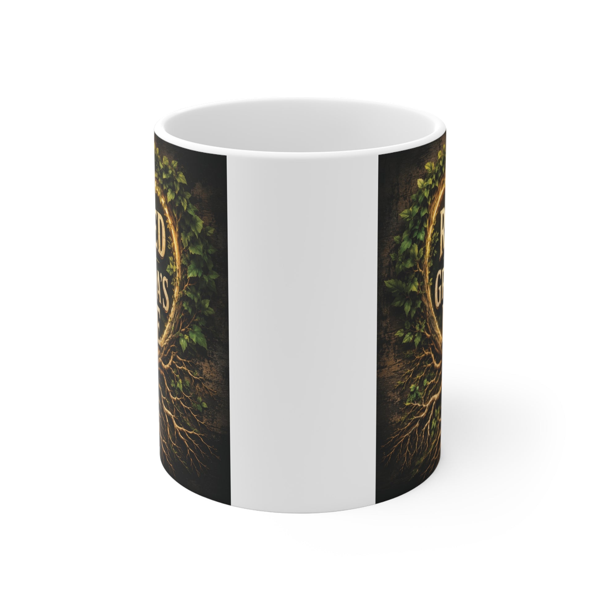 Grandpa coffee mug with heart-shaped family tree roots artwork and Rooted In Grandpa's Love quote, meaningful Father's Day and birthday gift for Grandpa.