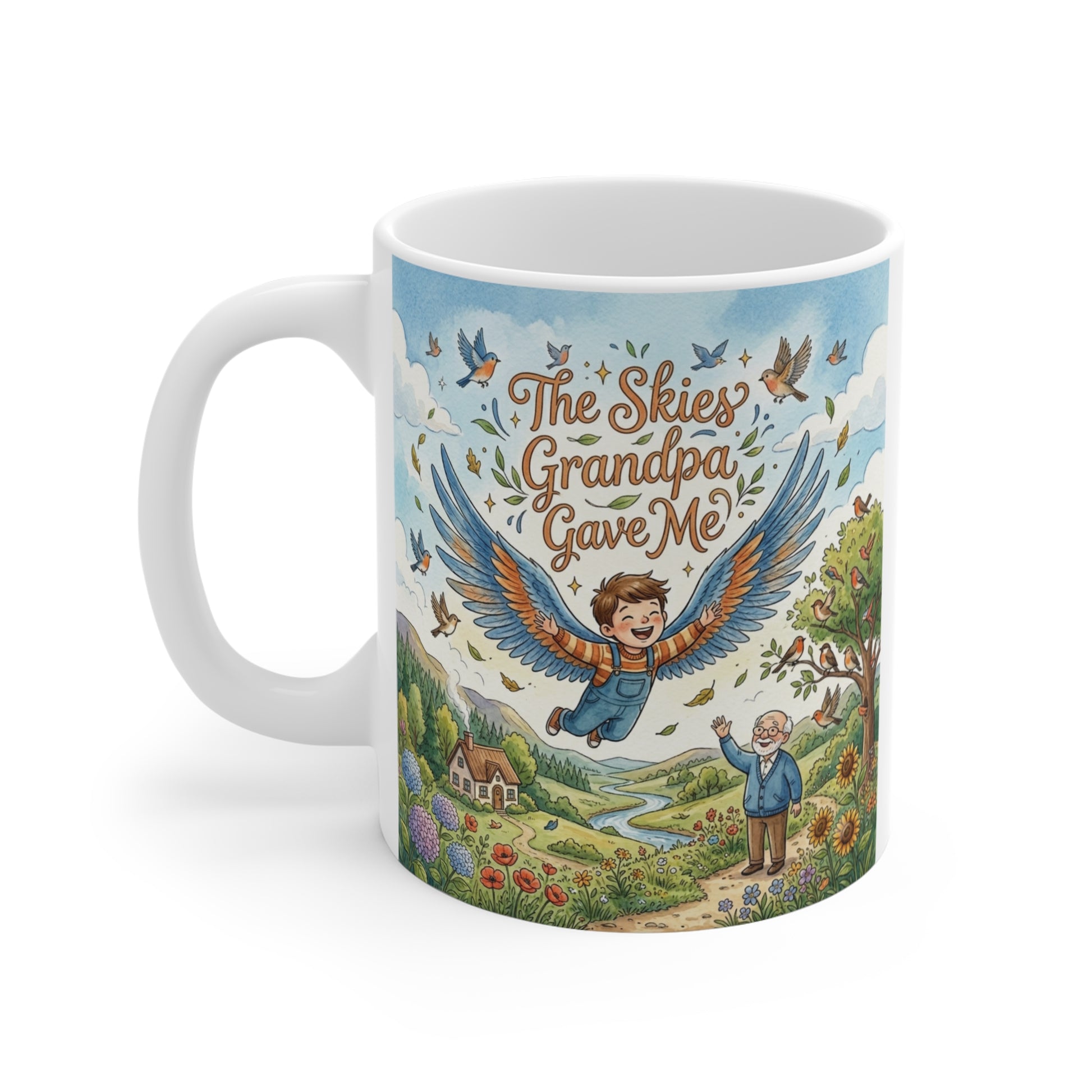 White ceramic grandpa coffee mug displaying The Skies Grandpa Gave Me quote and whimsical family-themed artwork celebrating a grandparent's love and guidance.