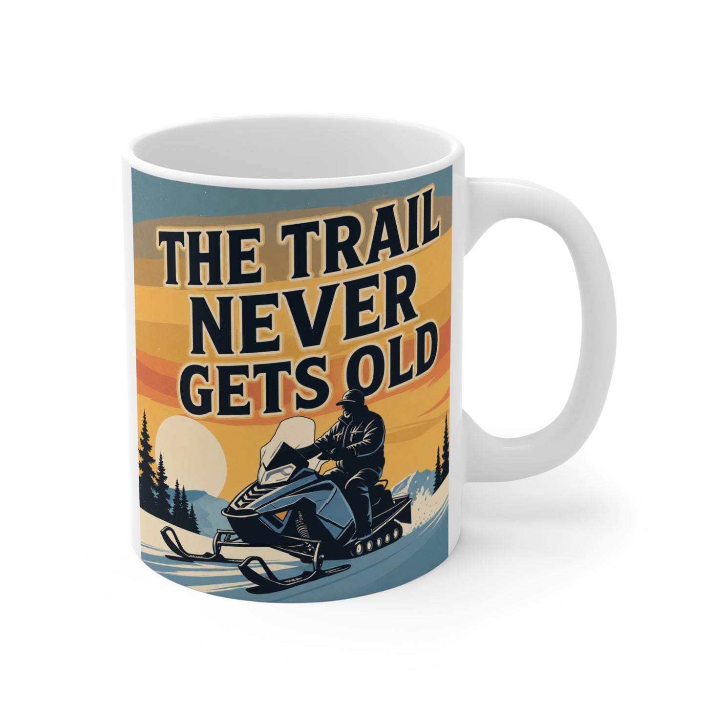 Vintage snowmobile mug featuring an older rider on a snowy trail with the text "The Trail Never Gets Old" against a retro winter sunset background.