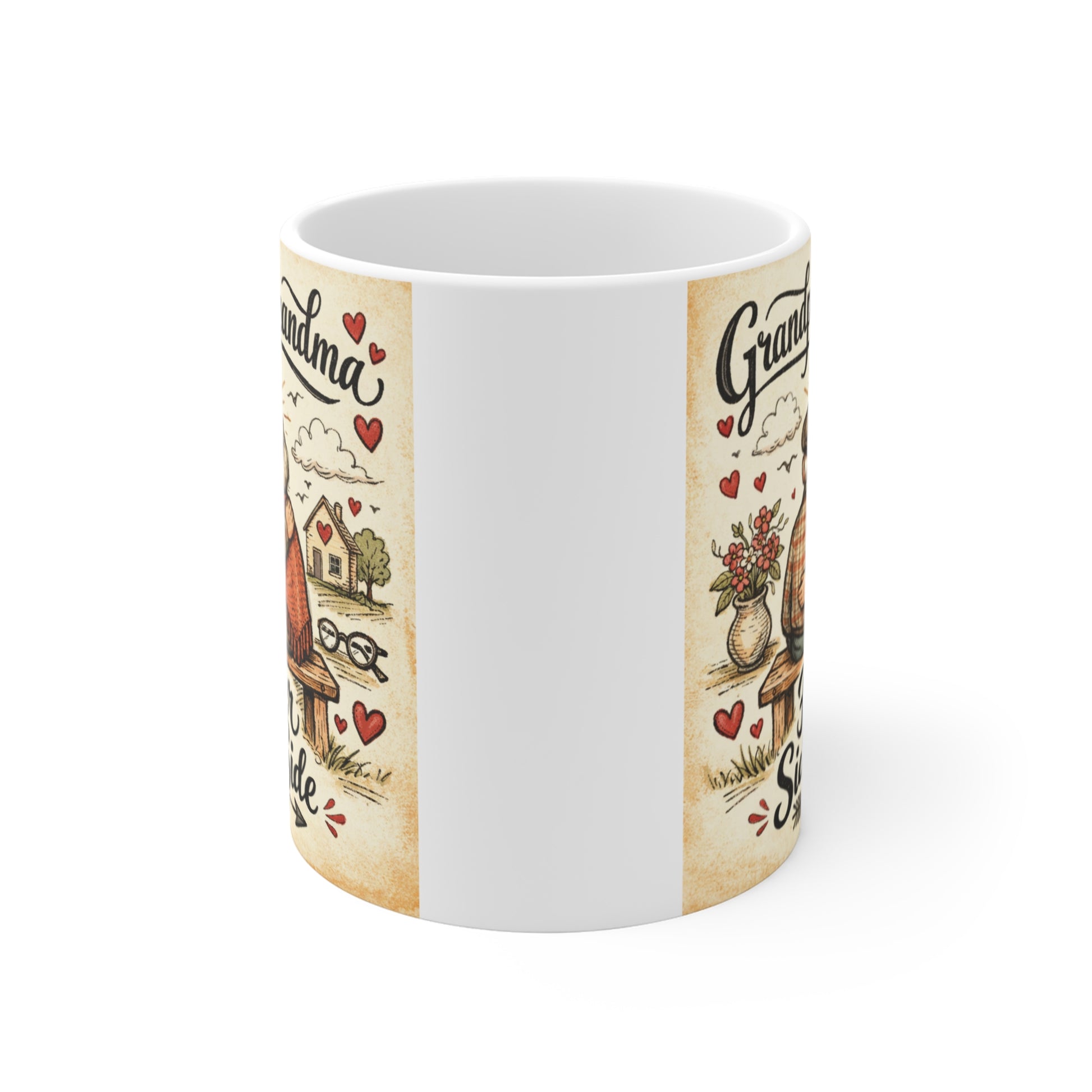 Rustic grandparents coffee mug featuring Grandpa and Grandma sitting together with Forever Side by Side quote.