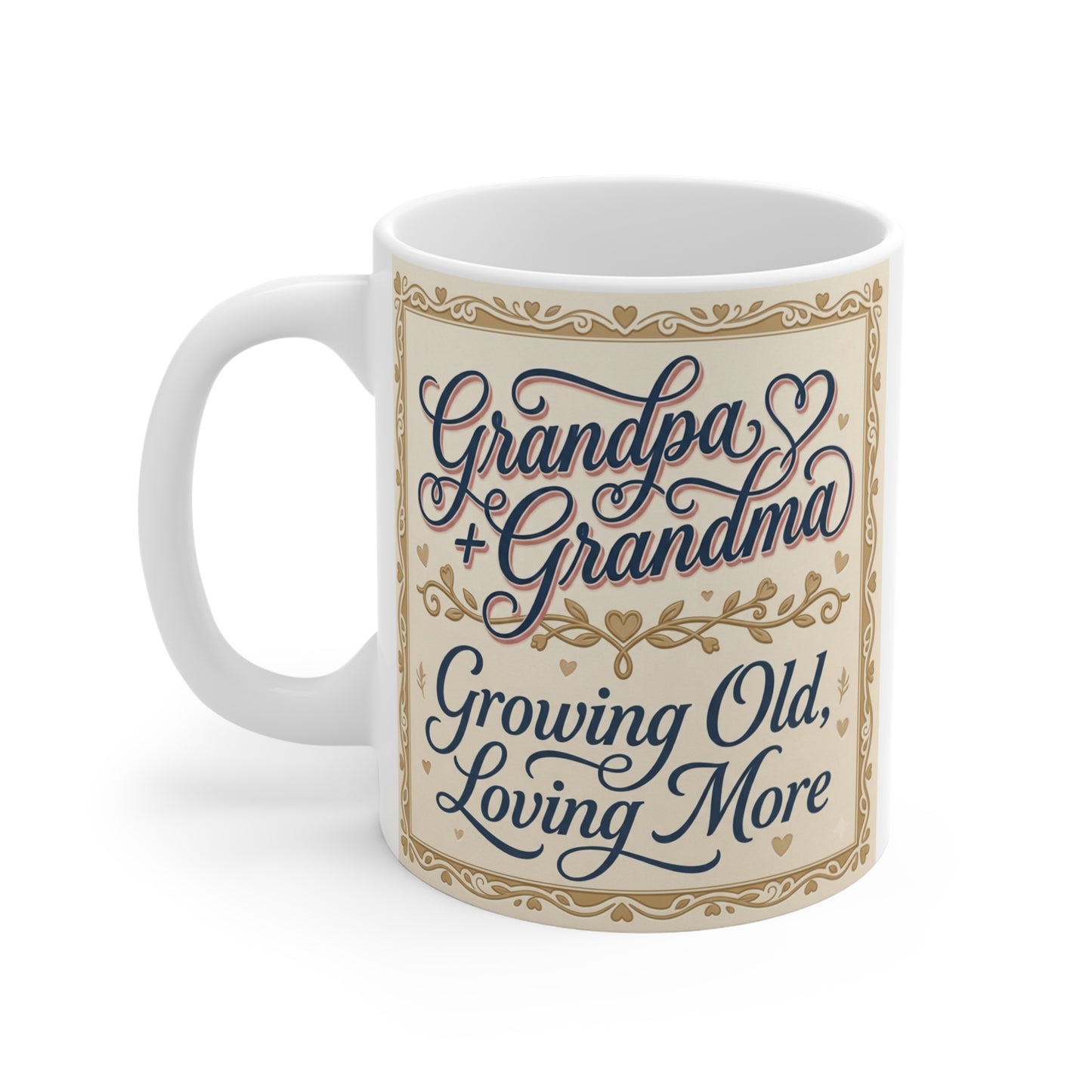 Romantic grandparents ceramic mug featuring elegant typography and timeless love quote for Grandma and Grandpa.