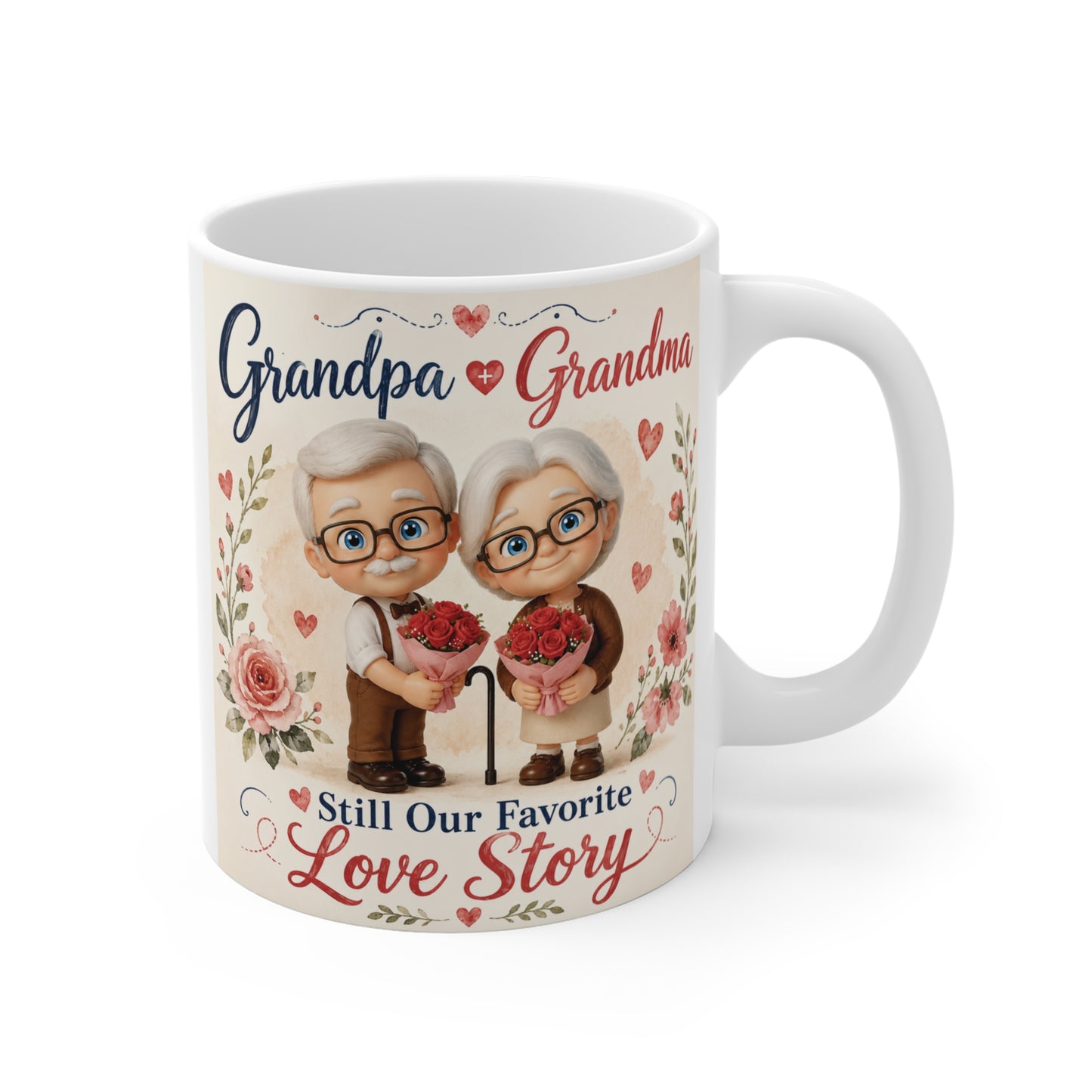 Cute Grandpa and Grandma 11oz ceramic coffee mug featuring "Still Our Favorite Love Story" with vintage watercolor grandparents illustration.