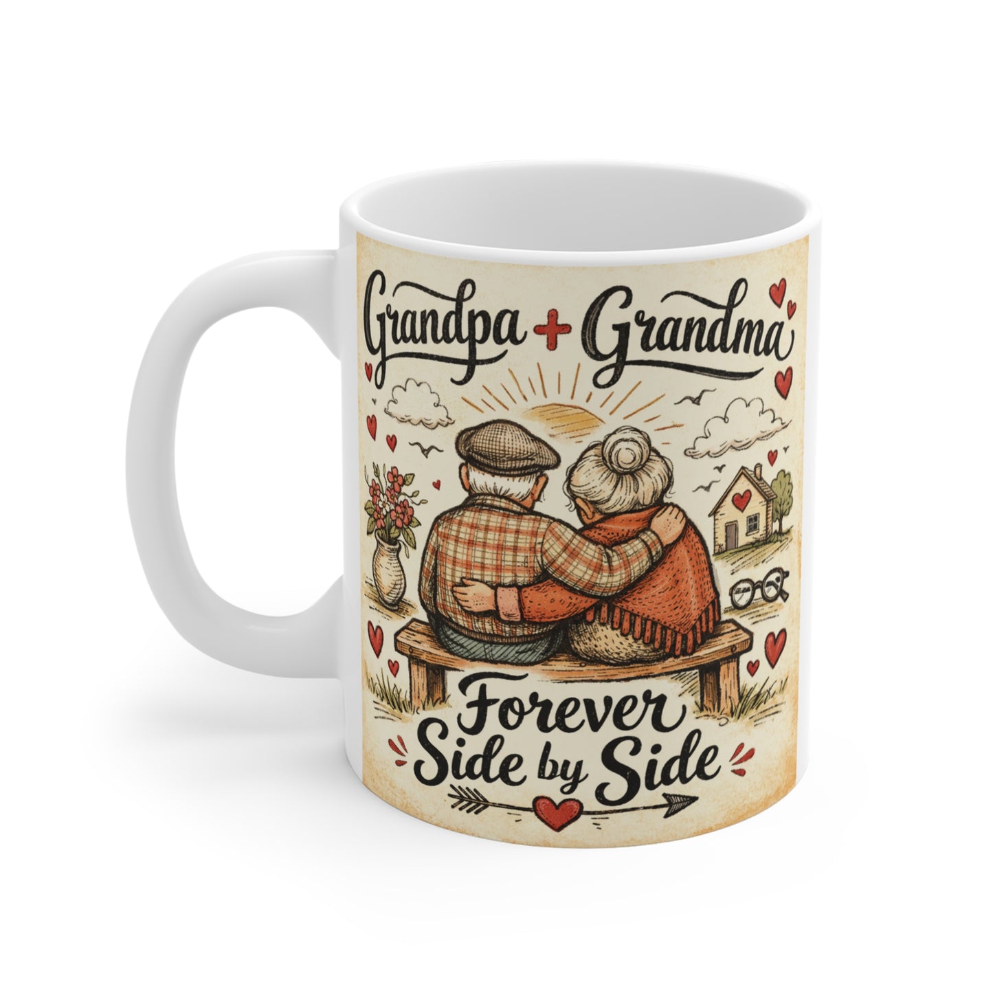 11oz ceramic mug gift for Grandma and Grandpa with heartwarming vintage farmhouse artwork.