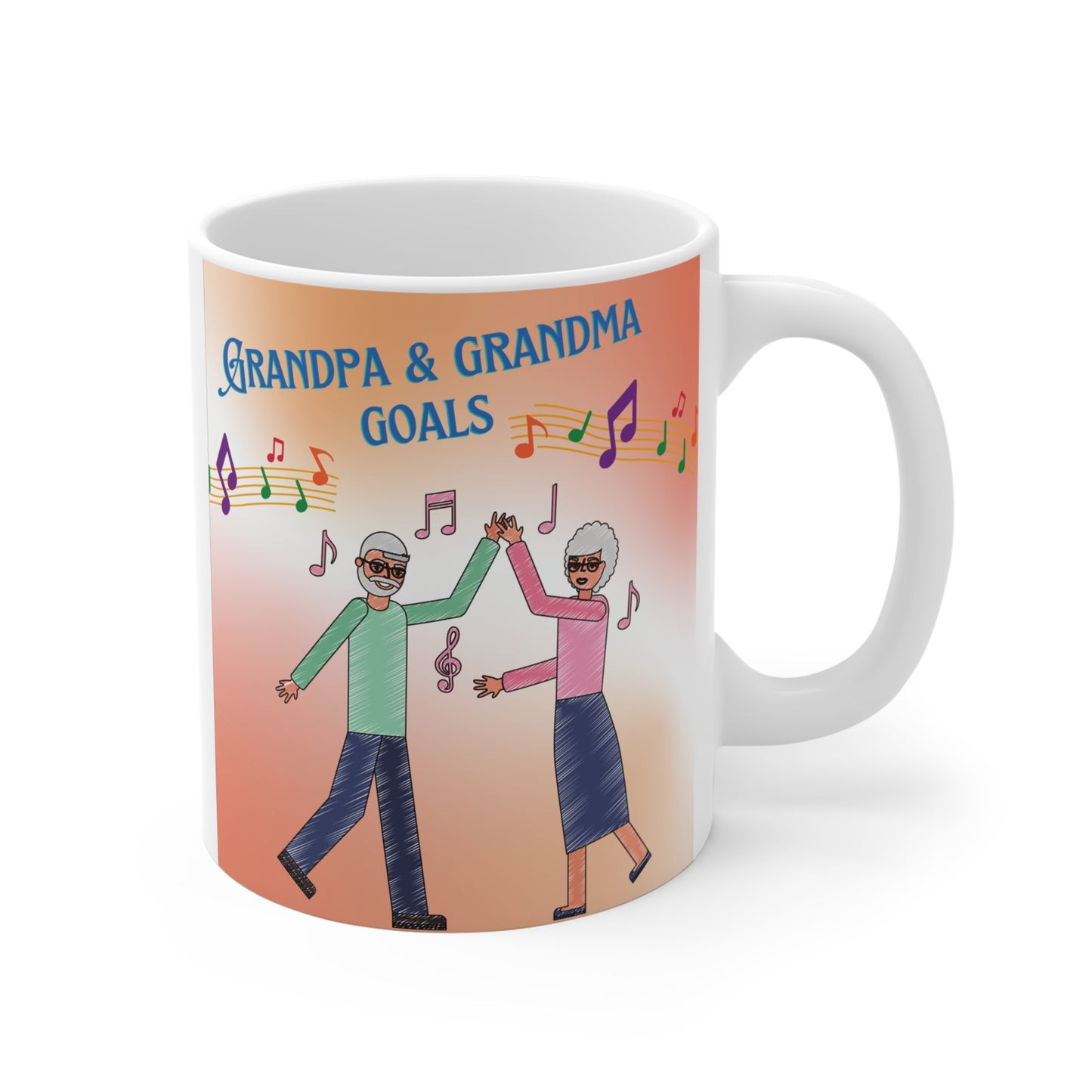 Grandpa & Grandma Goals 11oz ceramic coffee mug featuring a cute dancing elderly couple with colorful music notes.