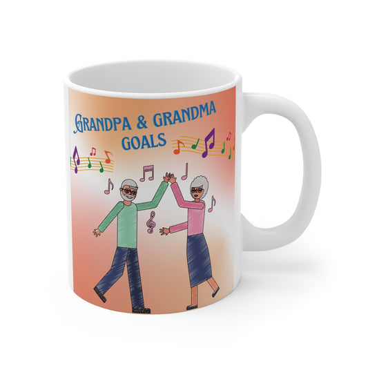 Grandpa & Grandma Goals 11oz ceramic coffee mug featuring a cute dancing elderly couple with colorful music notes.