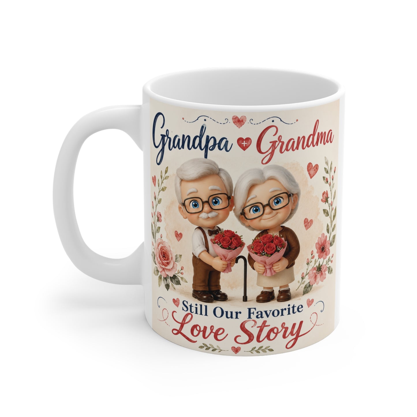 Vintage-style Grandpa Grandma gift mug featuring a heartwarming illustration, floral accents, and "Still Our Favorite Love Story" design.