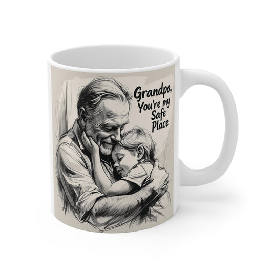 11oz ceramic mug featuring a heartwarming sketch of a grandfather hugging his grandchild with the quote "Grandpa, You're My Safe Place."
