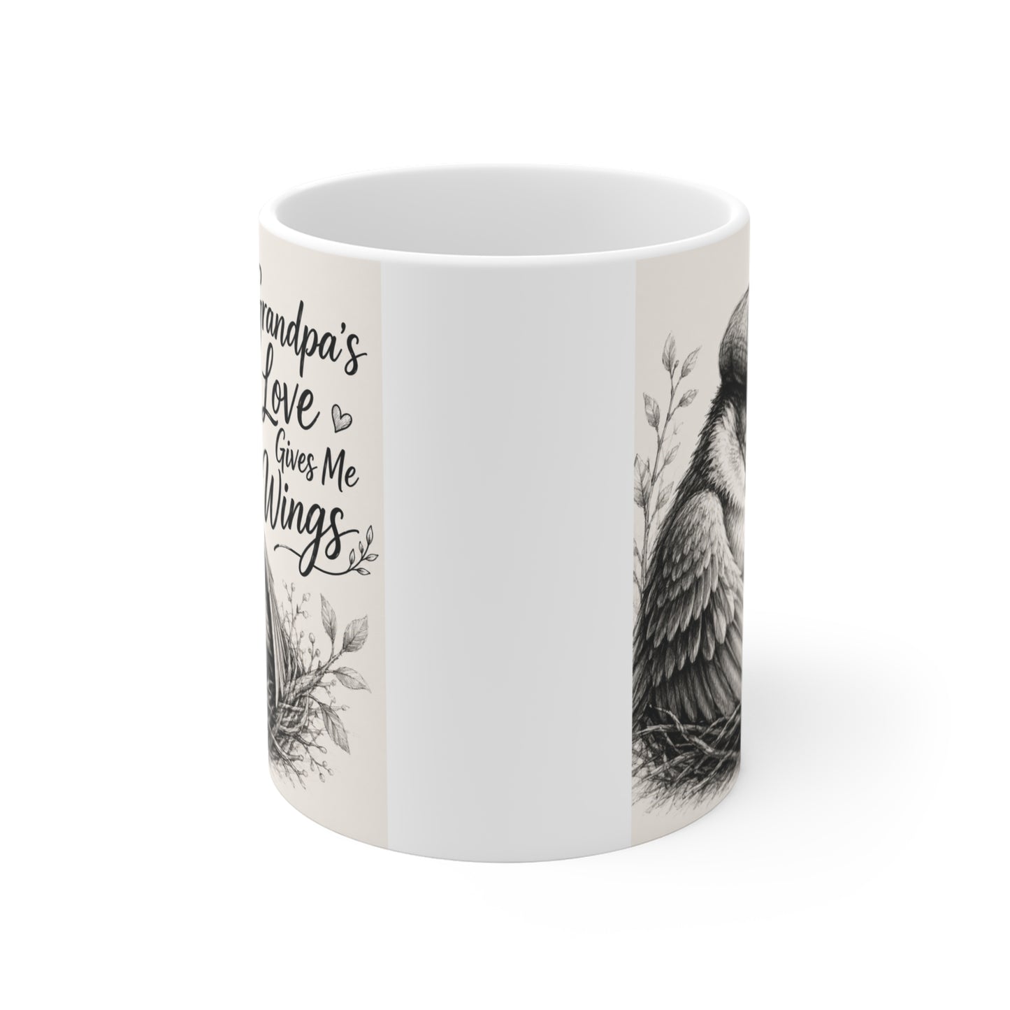 Sentimental Grandpa coffee mug with vintage bird family artwork and inspirational quote, ideal for Father's Day, birthday, or Christmas gift.