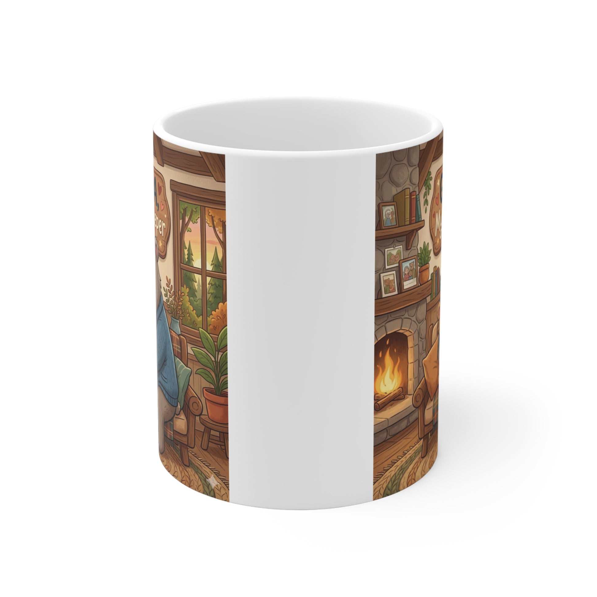 Heartwarming grandpa gift mug showing a smiling grandfather bear and cub surrounded by a warm rustic background with Grandpa My Heart's Keeper lettering.