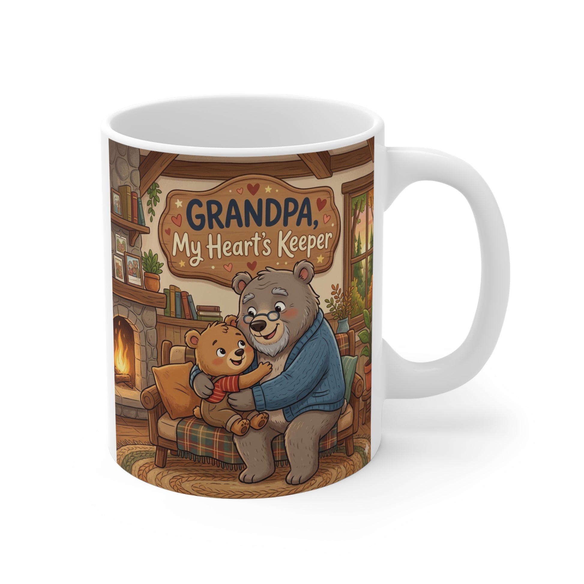 Cute 11oz ceramic coffee mug featuring an adorable bear grandpa hugging a baby bear with the quote "Grandpa, My Heart's Keeper" in a cozy woodland cabin illustration.