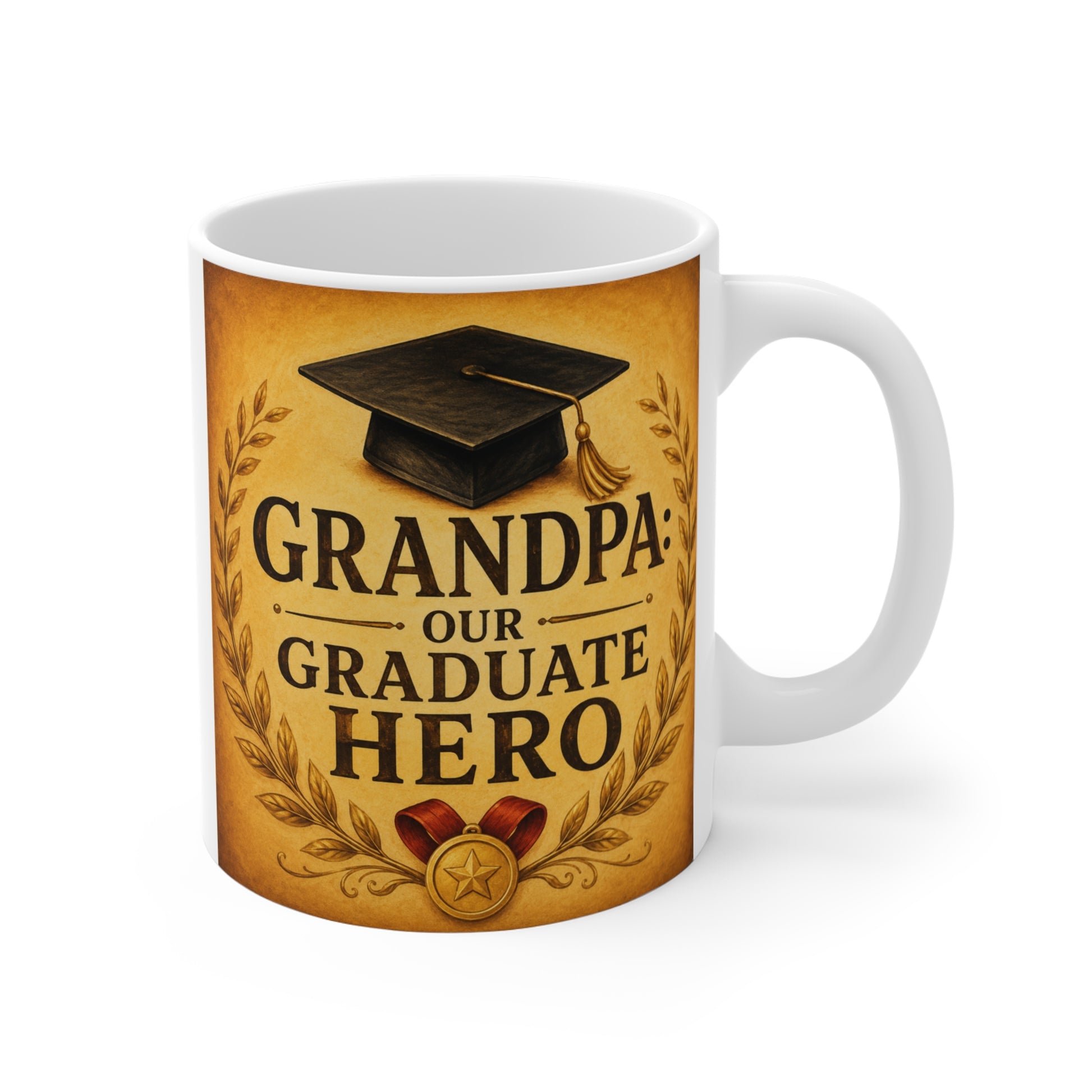 Vintage-style 11oz ceramic coffee mug featuring the phrase "Grandpa Our Graduate Hero" with a graduation cap, laurel wreath, and gold award-inspired design.