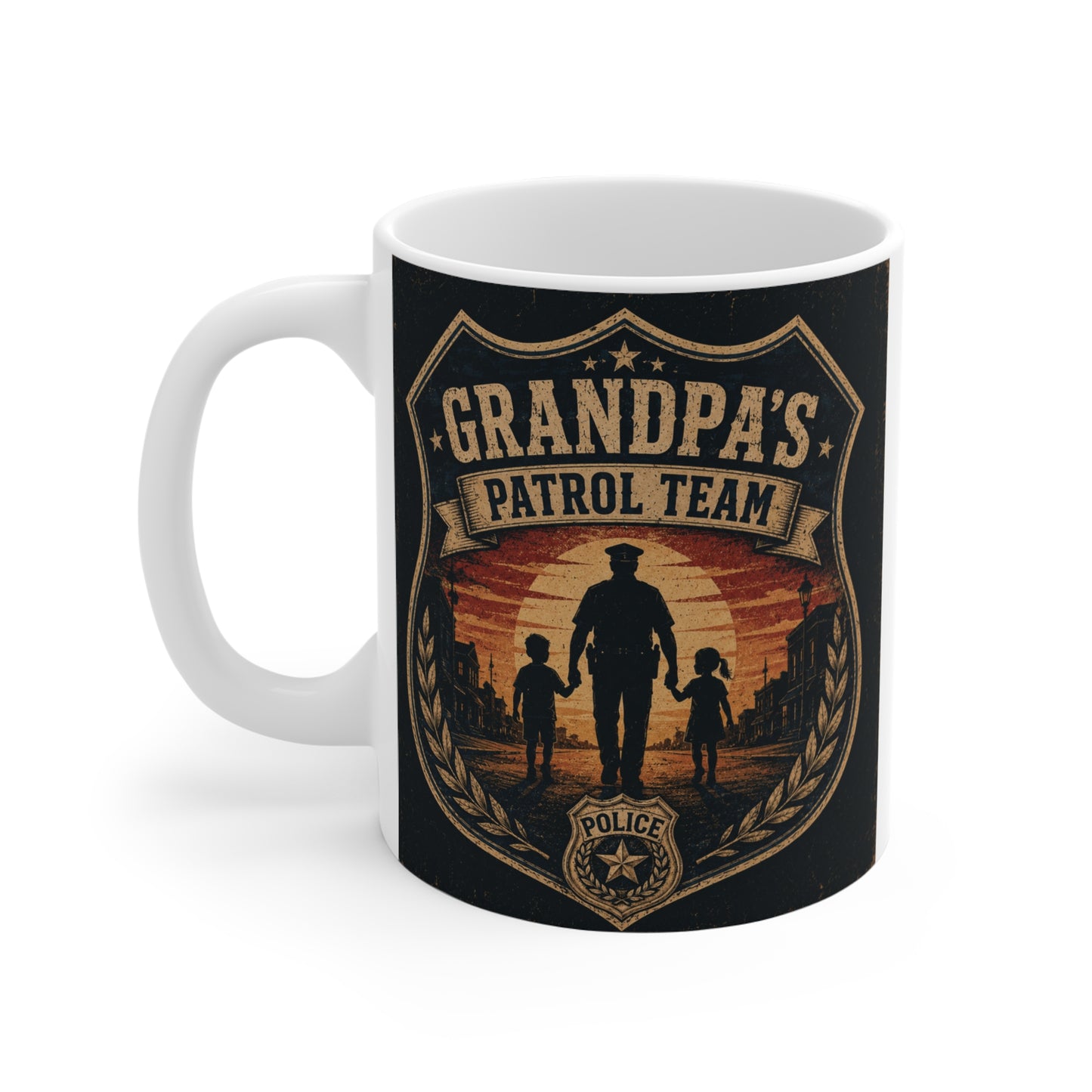 White coffee mug displaying Grandpa's Patrol Team graphic with grandfather and grandkids silhouette, perfect gift for Father's Day or Grandpa's birthday.