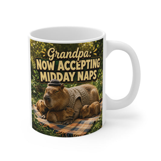 Funny 11oz ceramic coffee mug featuring a sleeping bear and the text "Grandpa: Now Accepting Midday Naps," perfect retirement gift for grandpa.