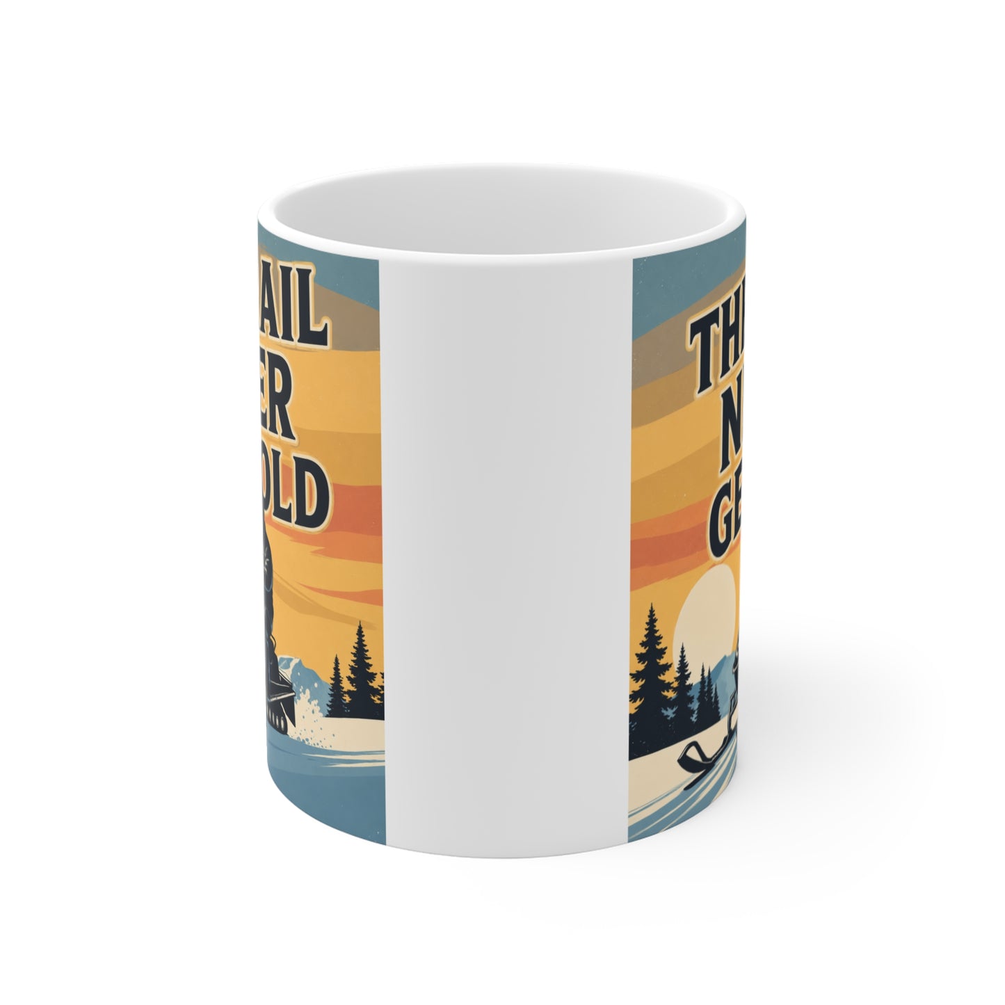 Grandpa snowmobile coffee mug showing a snowmobile rider crossing a snow-covered trail with mountains, pine trees, and vintage sunset artwork.