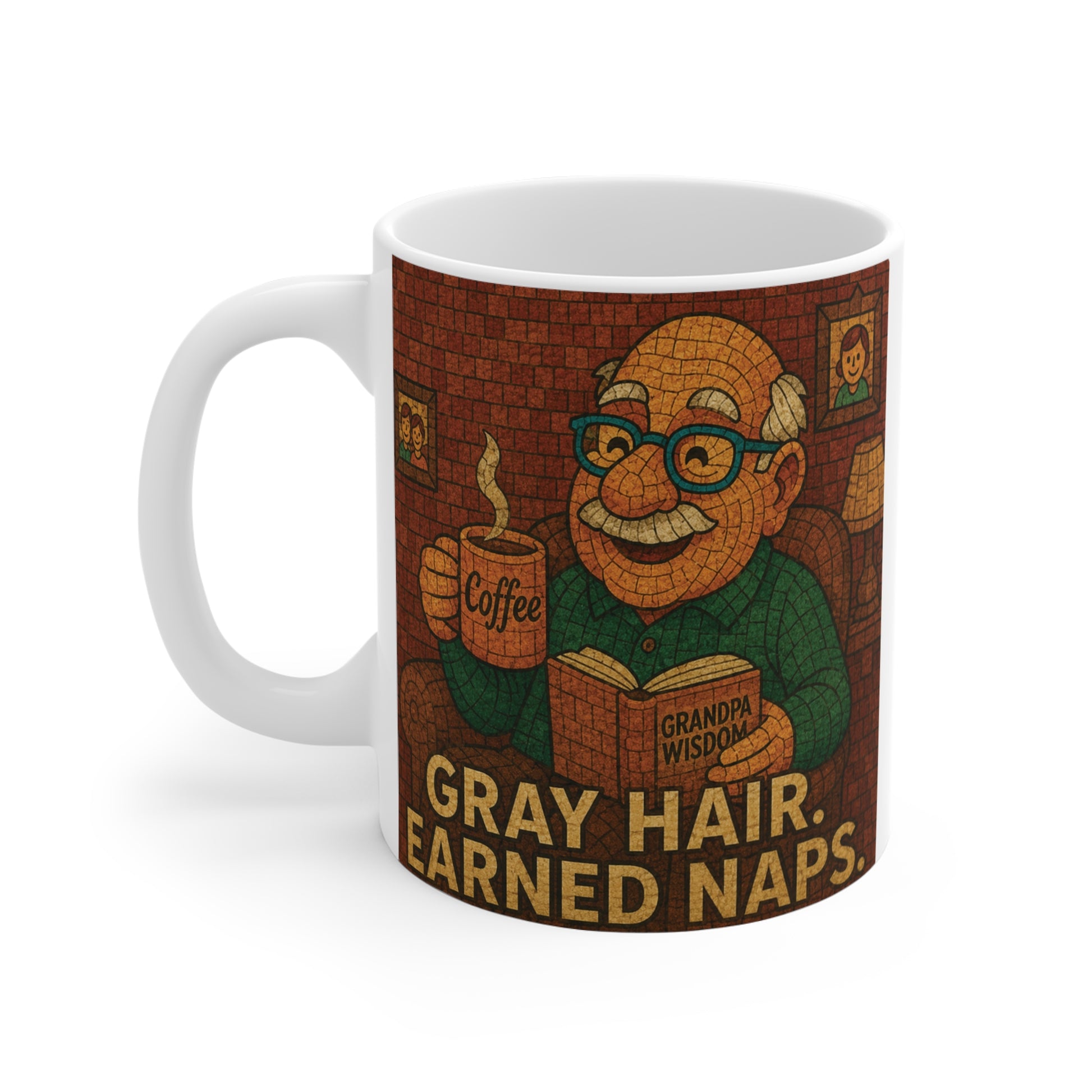 Grandpa wisdom coffee mug showing a cheerful grandfather enjoying coffee and a book, perfect as a retirement gift or grandpa birthday present.