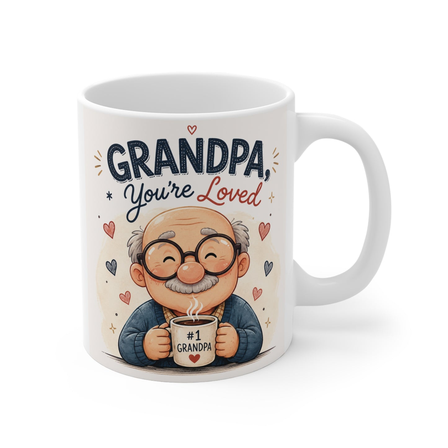 Cute cartoon grandpa holding a coffee mug with the text "Grandpa, You're Loved" on an 11oz ceramic coffee mug.