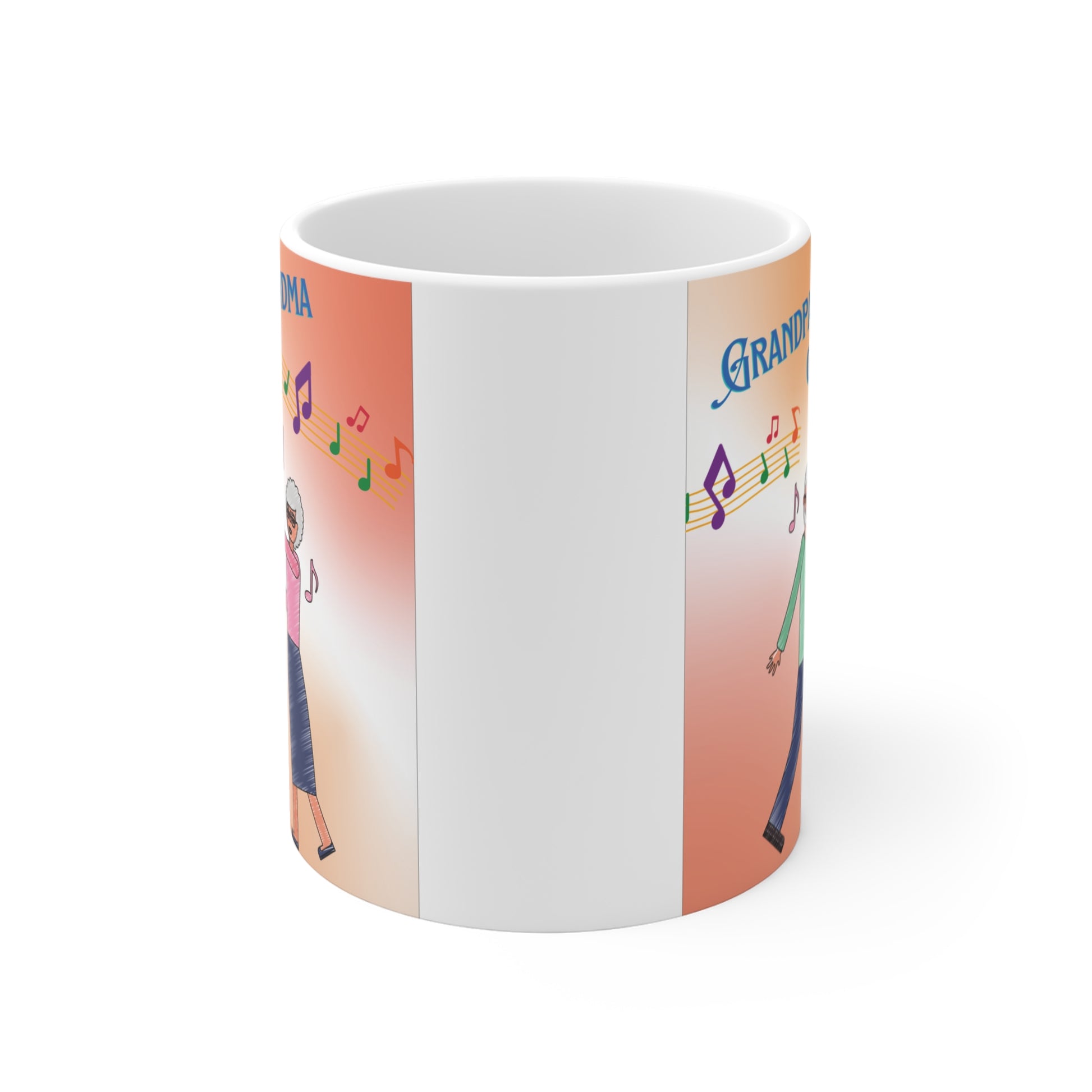 Funny Grandpa & Grandma Goals coffee mug with dancing grandparents illustration, perfect gift for anniversaries and Grandparents Day.
