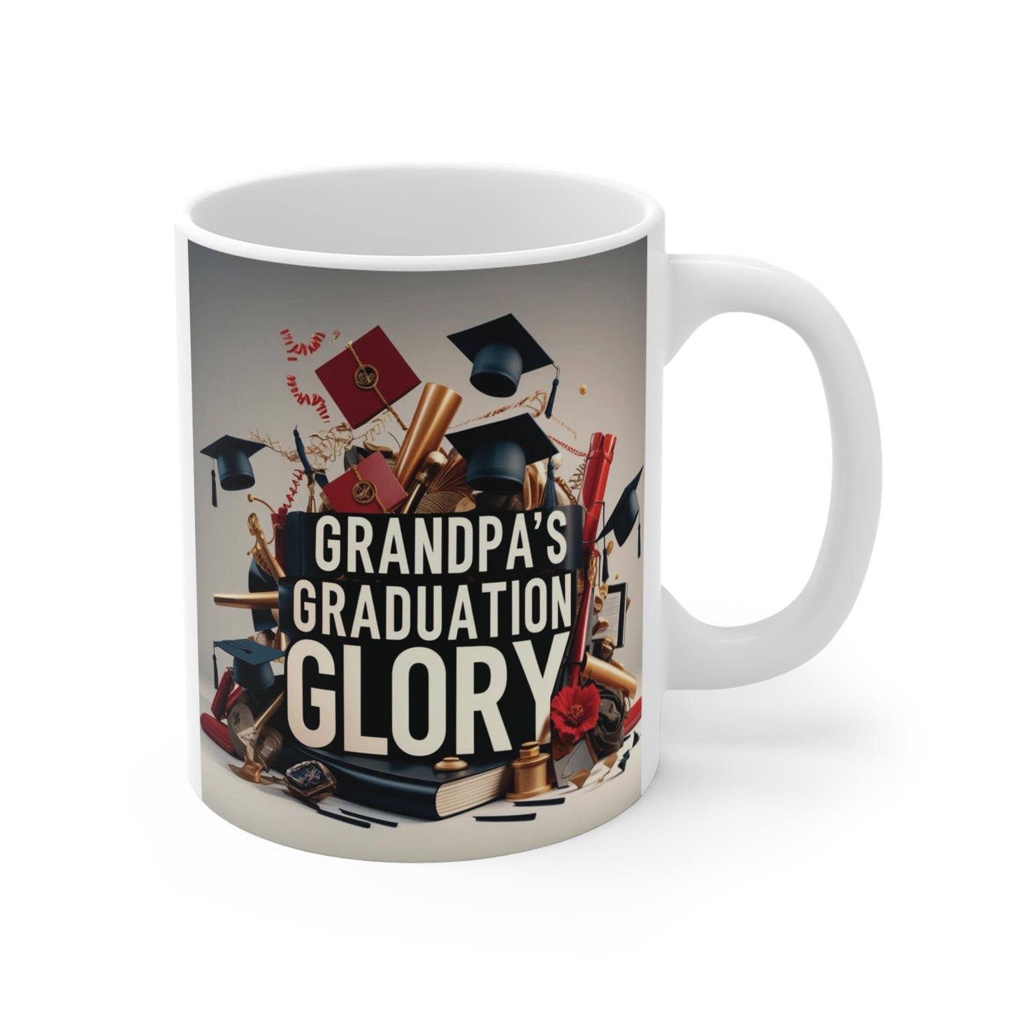Vintage 11oz ceramic coffee mug featuring the phrase "Grandpa's Graduation Glory" with graduation cap, diploma, books, and academic decorations, perfect graduation gift for Grandpa.