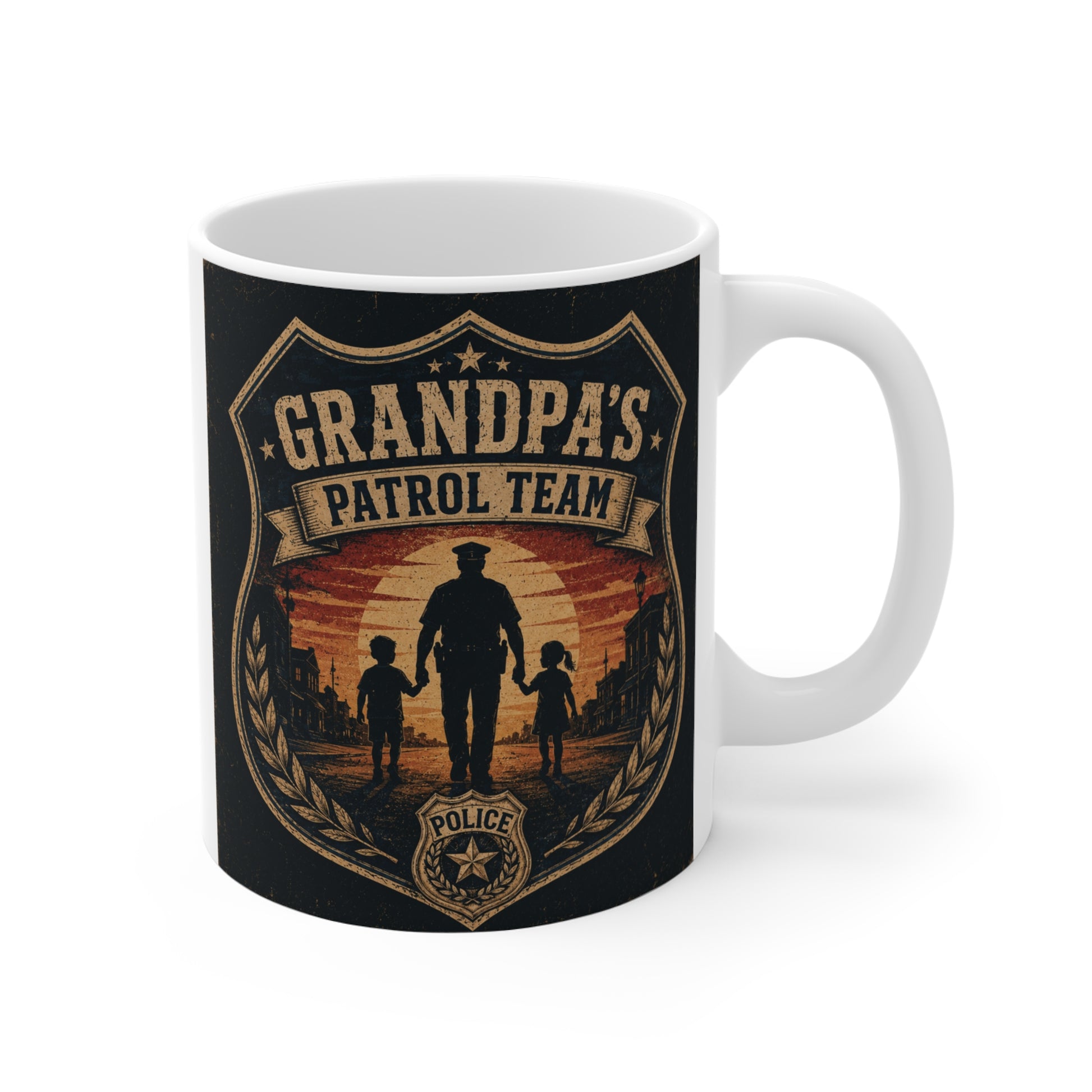 Grandpa's Patrol Team 11oz coffee mug featuring a vintage silhouette design of a grandfather and grandchildren walking together at sunset.