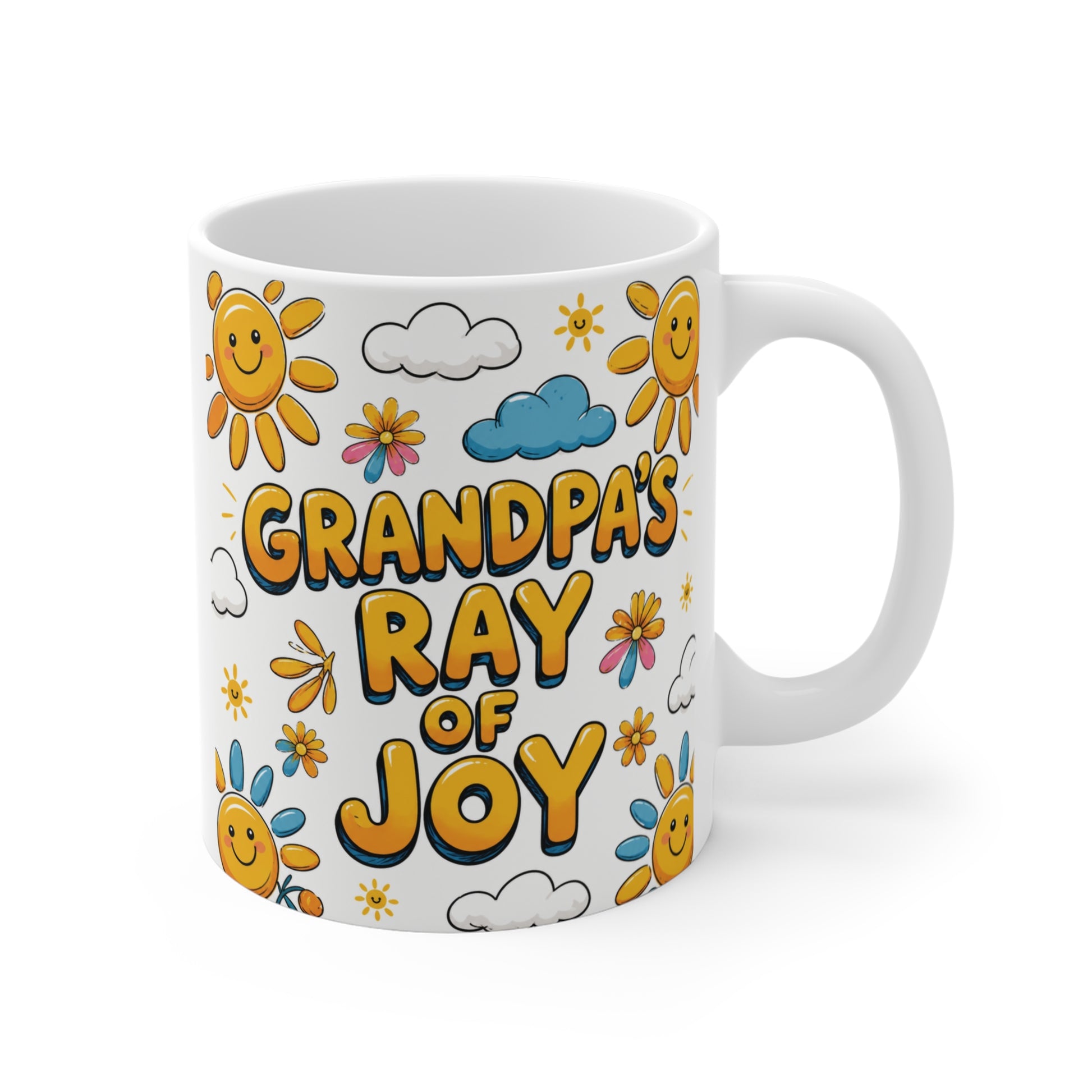 Grandpa's Ray of Joy 11oz ceramic coffee mug featuring smiling sunshine illustrations, colorful flowers, and cheerful typography for grandpa gifts.