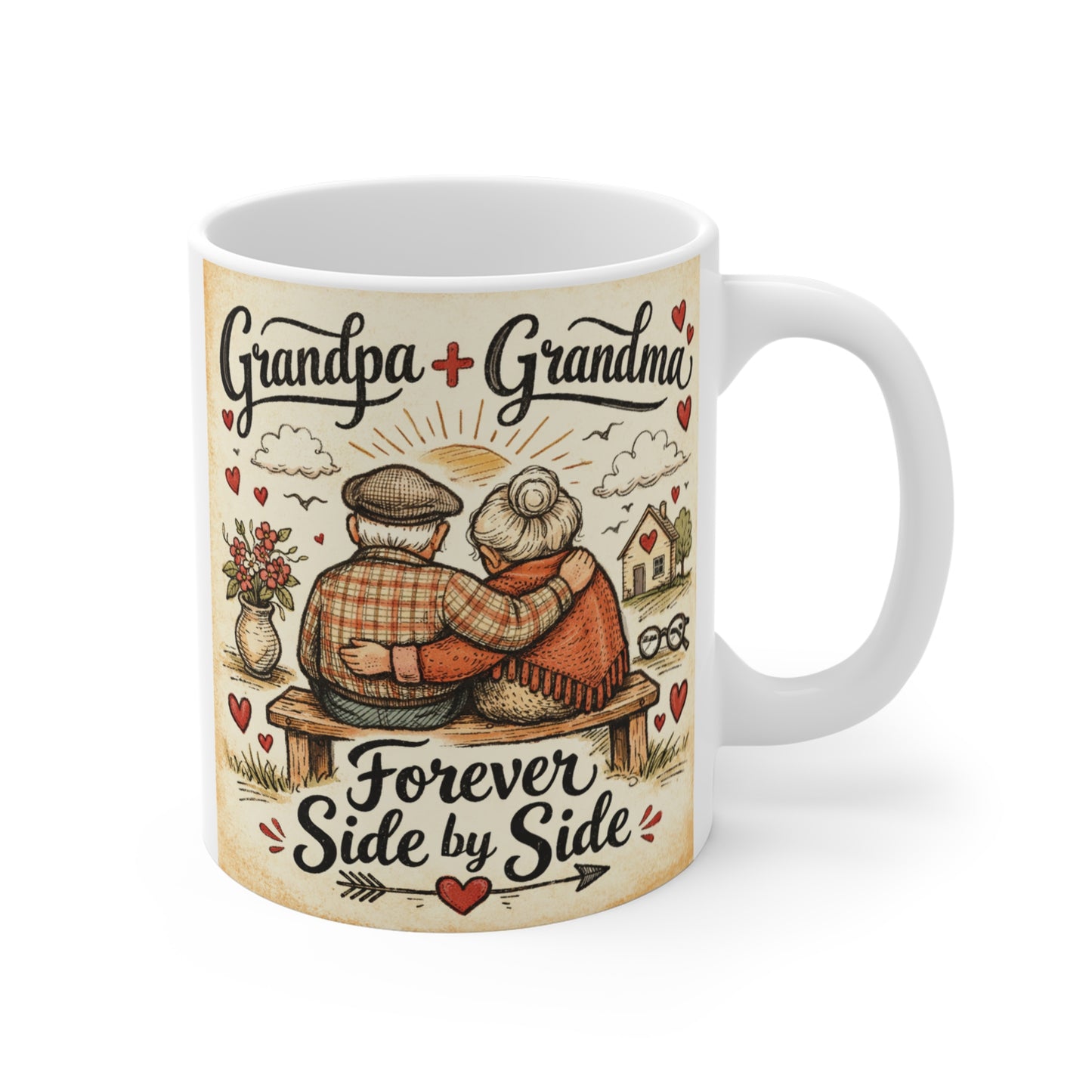 Grandpa + Grandma Forever Side by Side vintage watercolor ceramic coffee mug with cozy countryside illustration.