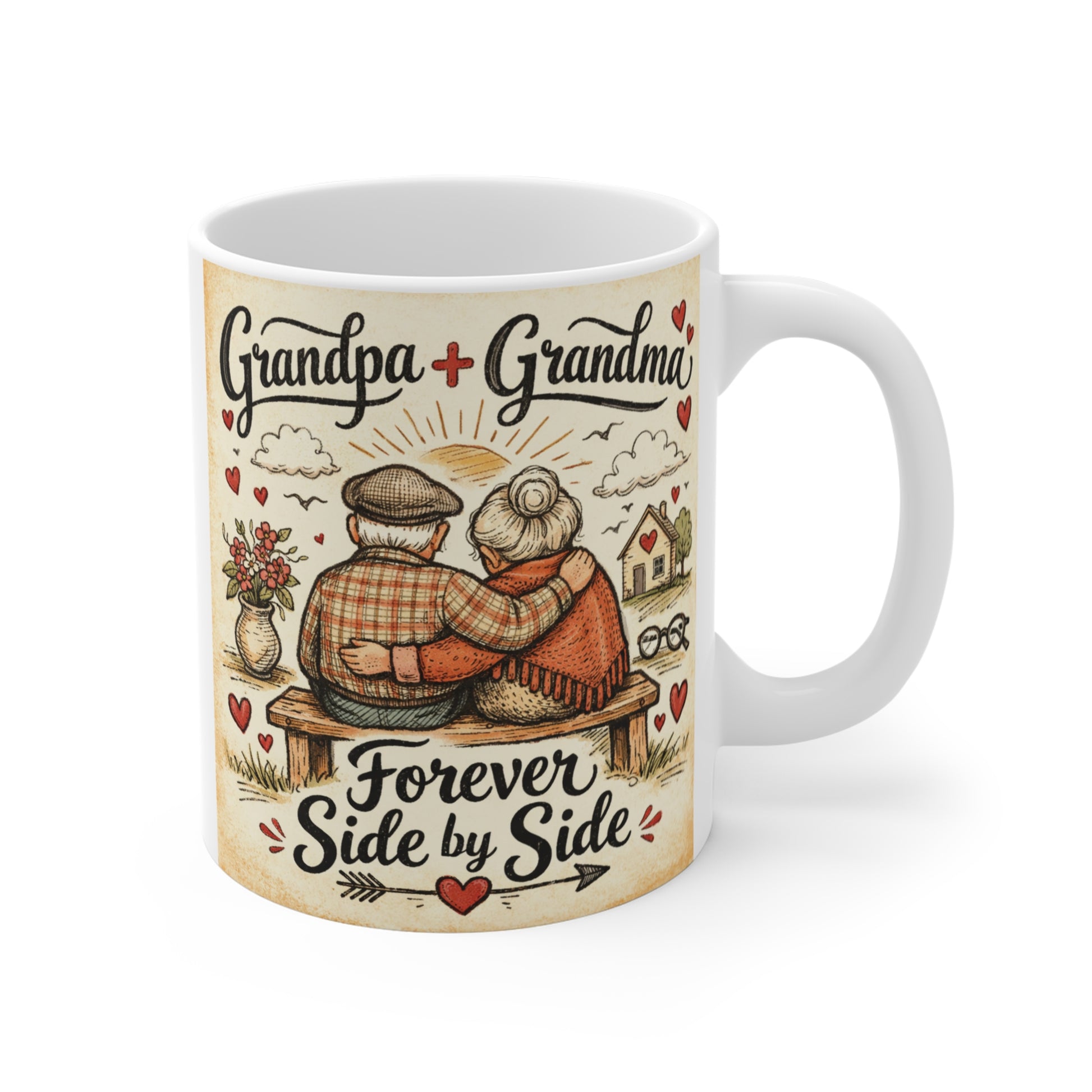 Grandpa + Grandma Forever Side by Side vintage watercolor ceramic coffee mug with cozy countryside illustration.