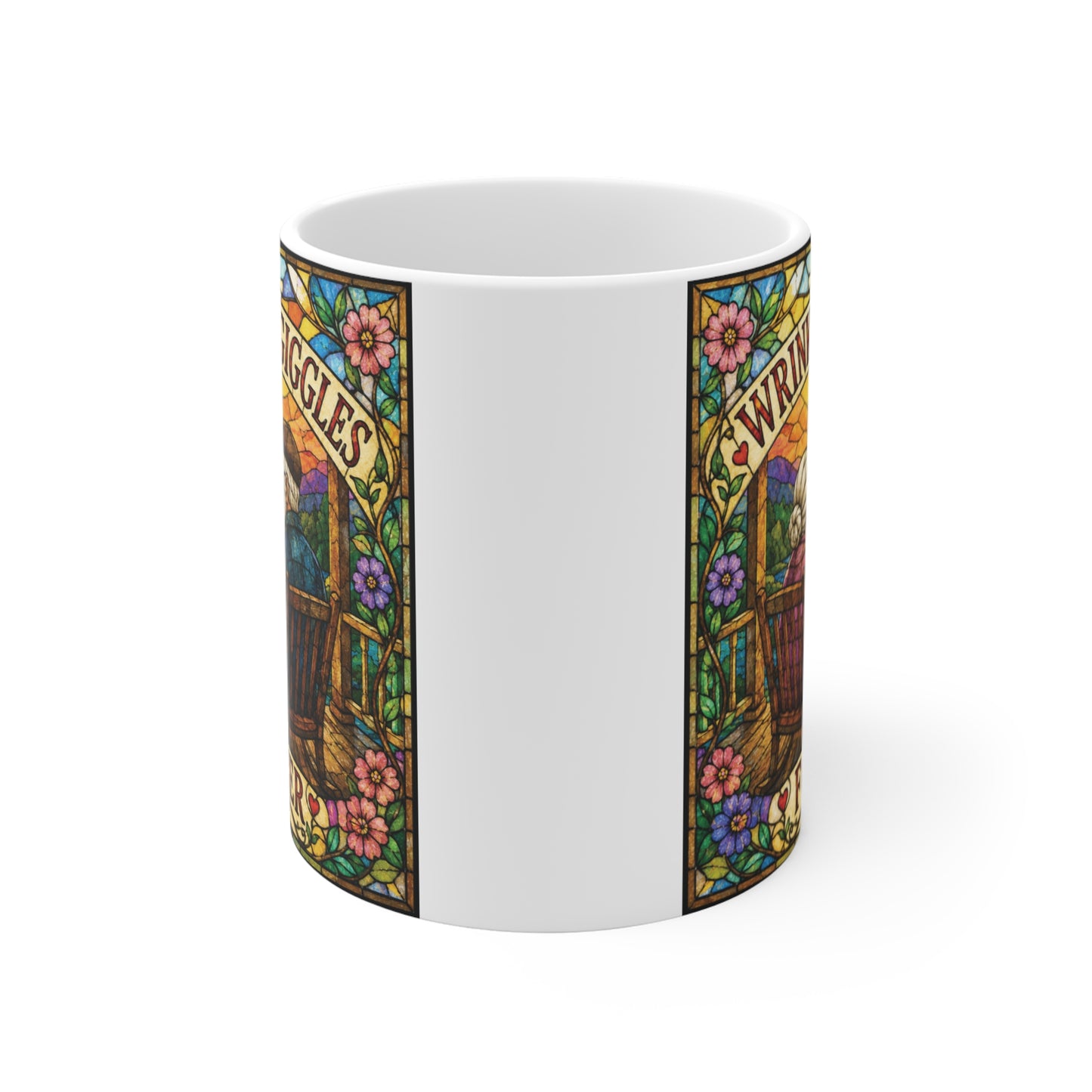 Colorful stained glass grandparents coffee mug showing an elderly couple watching the sunset with the quote "Wrinkles & Giggles Forever."