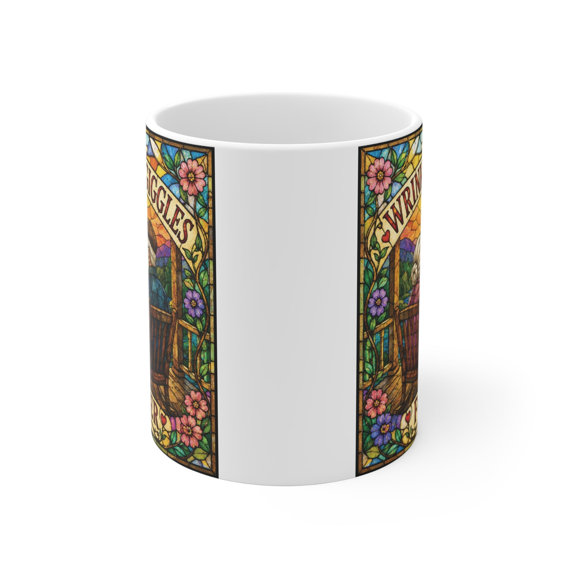 Colorful stained glass grandparents coffee mug showing an elderly couple watching the sunset with the quote "Wrinkles & Giggles Forever."