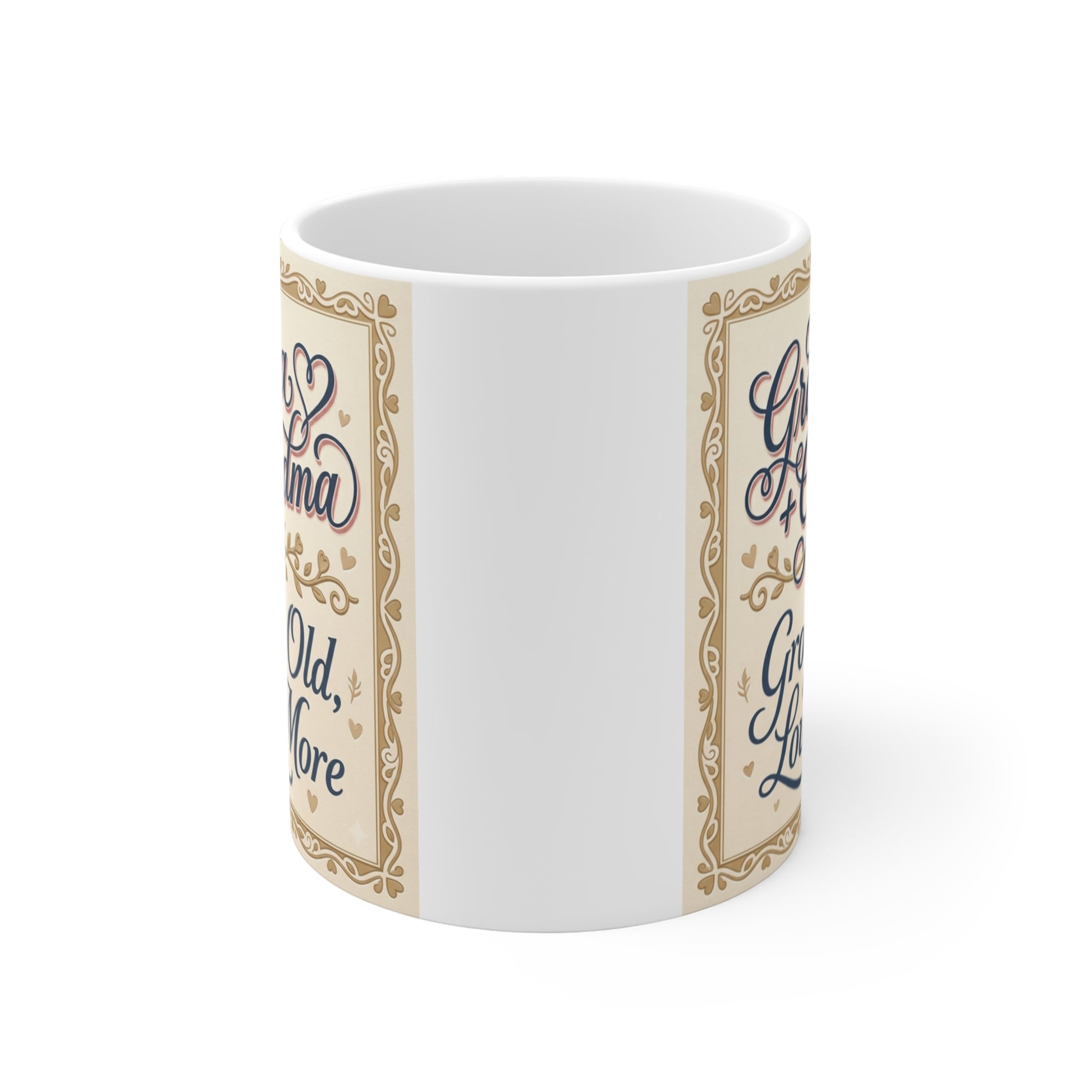 Vintage style Grandpa and Grandma coffee mug with heartfelt "Growing Old Loving More" design, perfect anniversary gift for grandparents.
