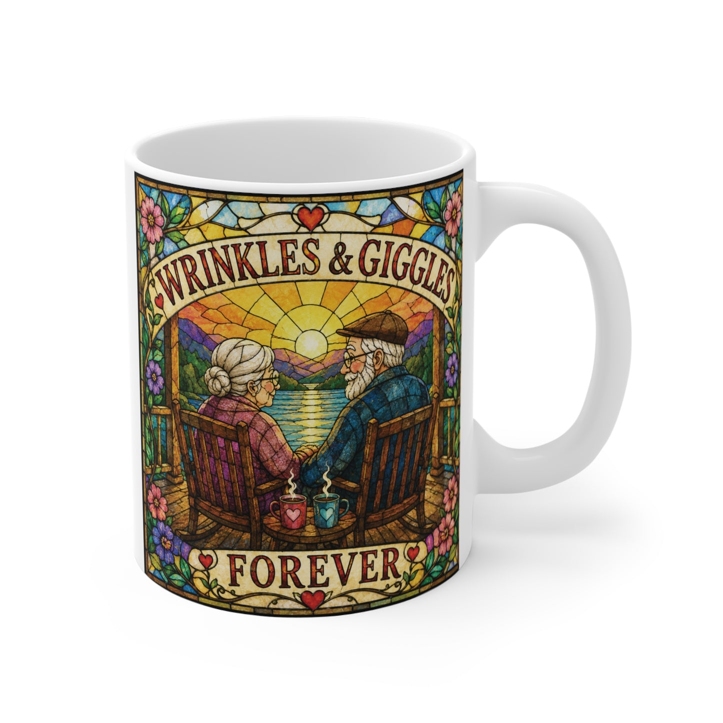 11oz ceramic coffee mug featuring a stained glass illustration of Grandma and Grandpa in rocking chairs with the text "Wrinkles & Giggles Forever."