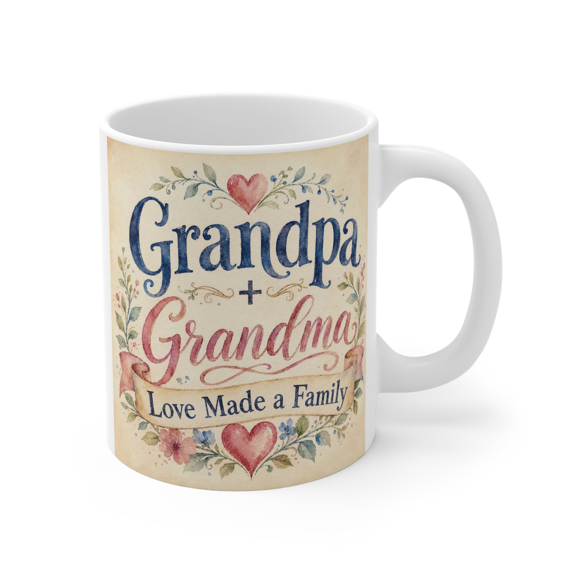 Watercolor floral Grandpa + Grandma Love Made a Family 11oz ceramic coffee mug.