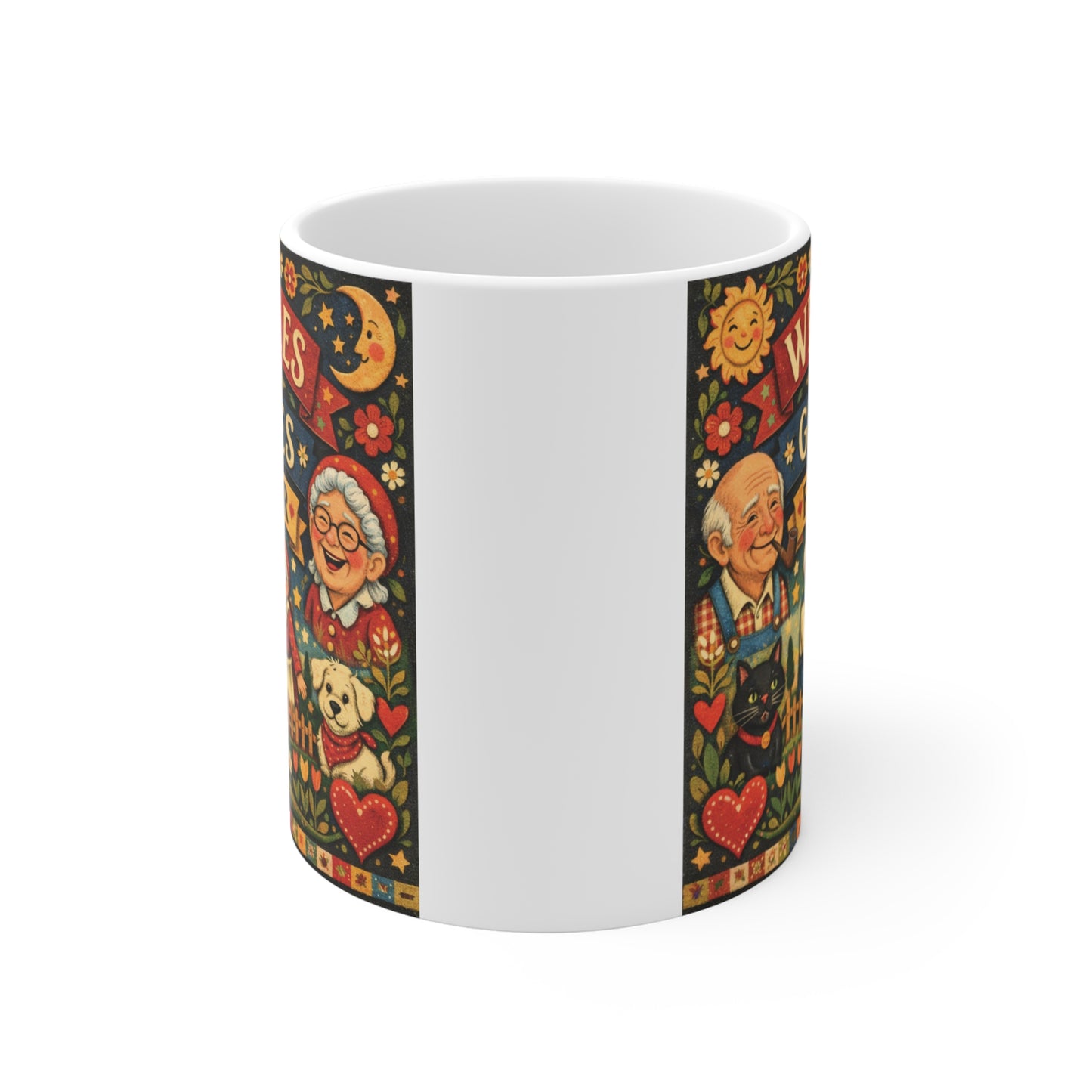 Cute grandparents coffee mug with colorful folk art design and Wrinkles & Giggles Forever quote