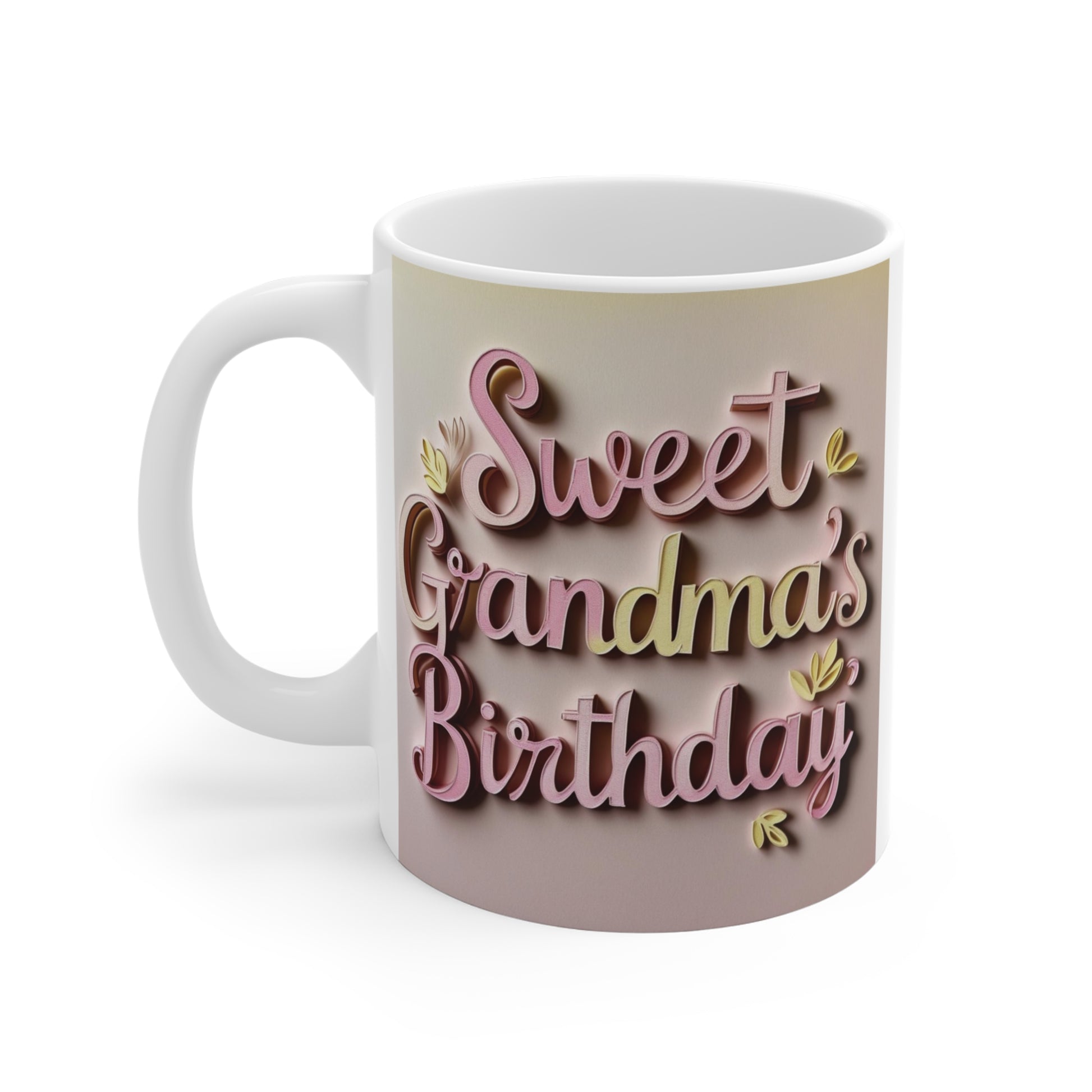 Floral birthday mug for grandma featuring aesthetic 3D text and soft pink tones