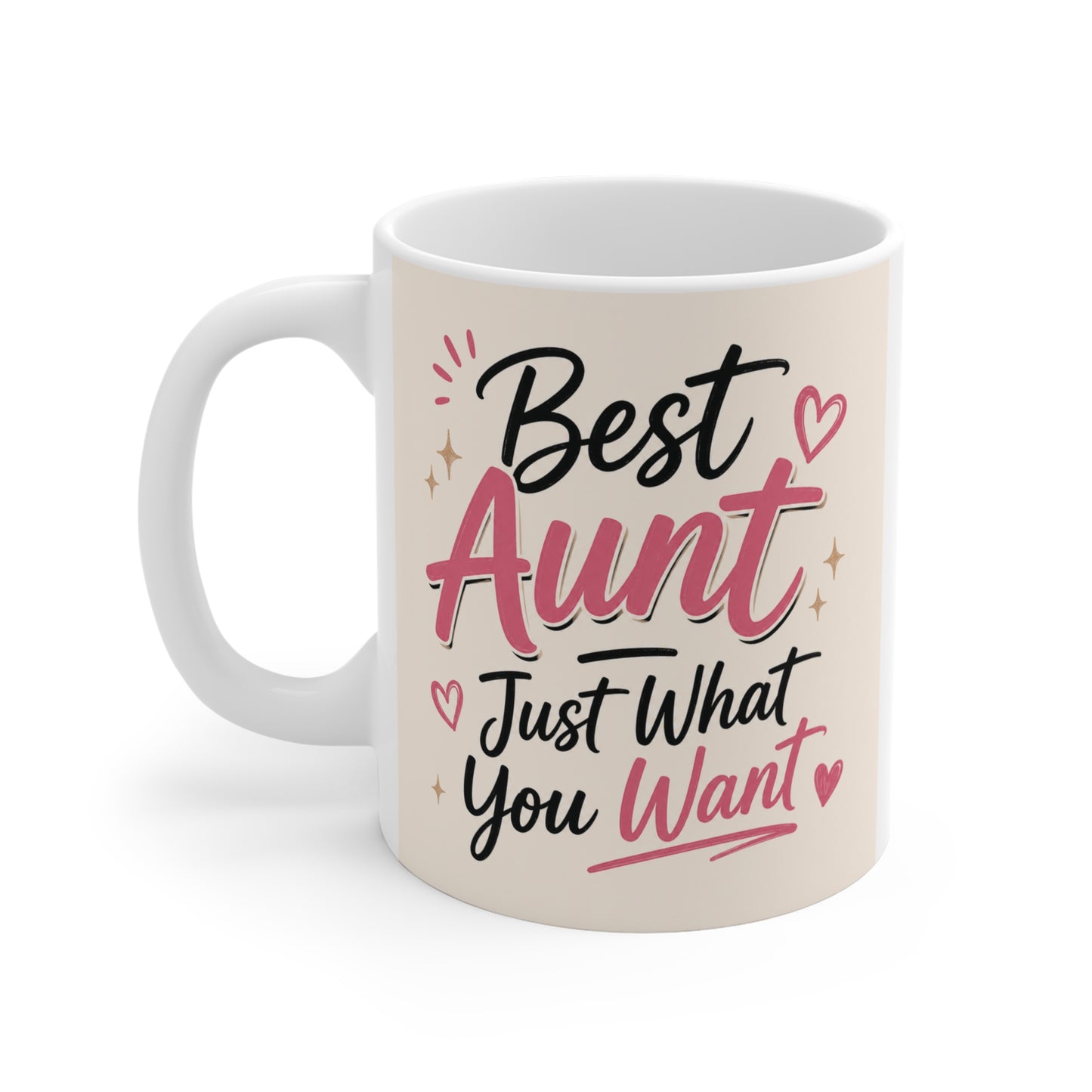 Funny Best Aunt mug with stylish lettering and hearts, 11oz ceramic coffee cup for aunt appreciation gift