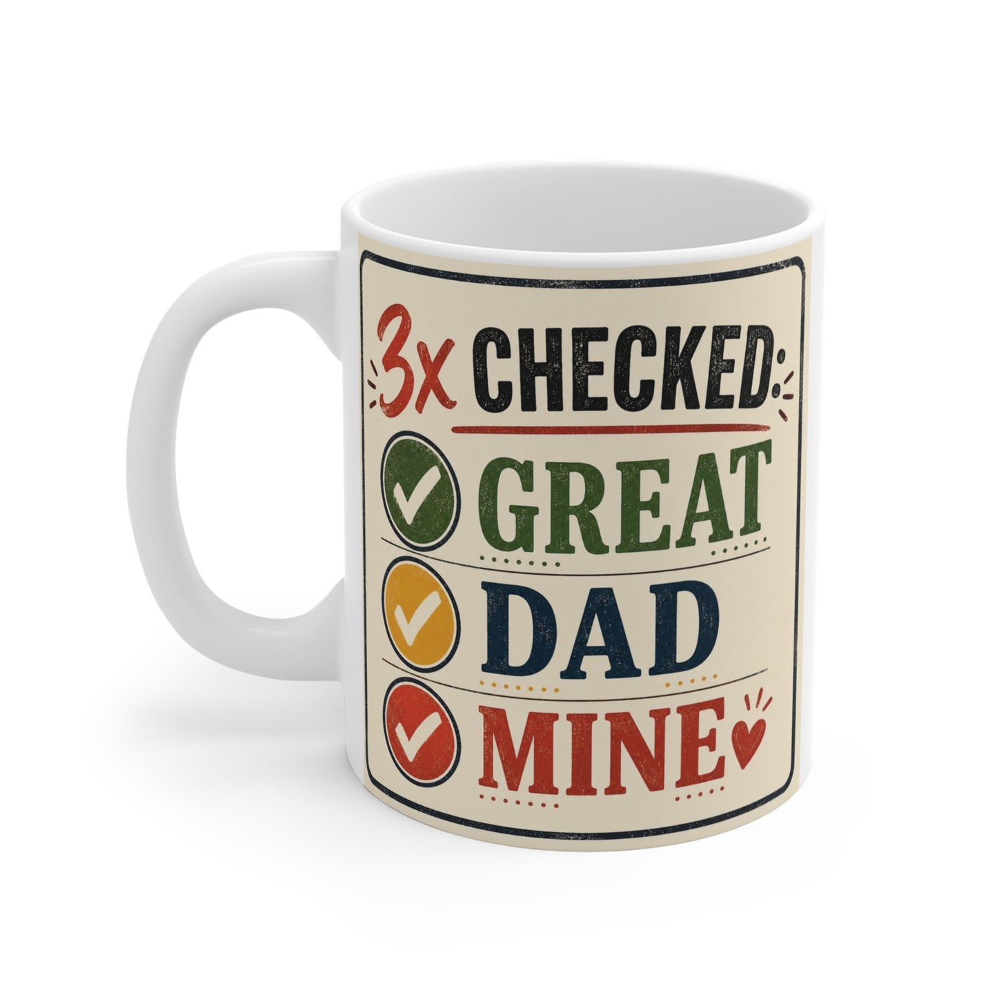 Cute 11oz ceramic coffee mug gift for dad with retro checklist artwork and Father’s Day theme