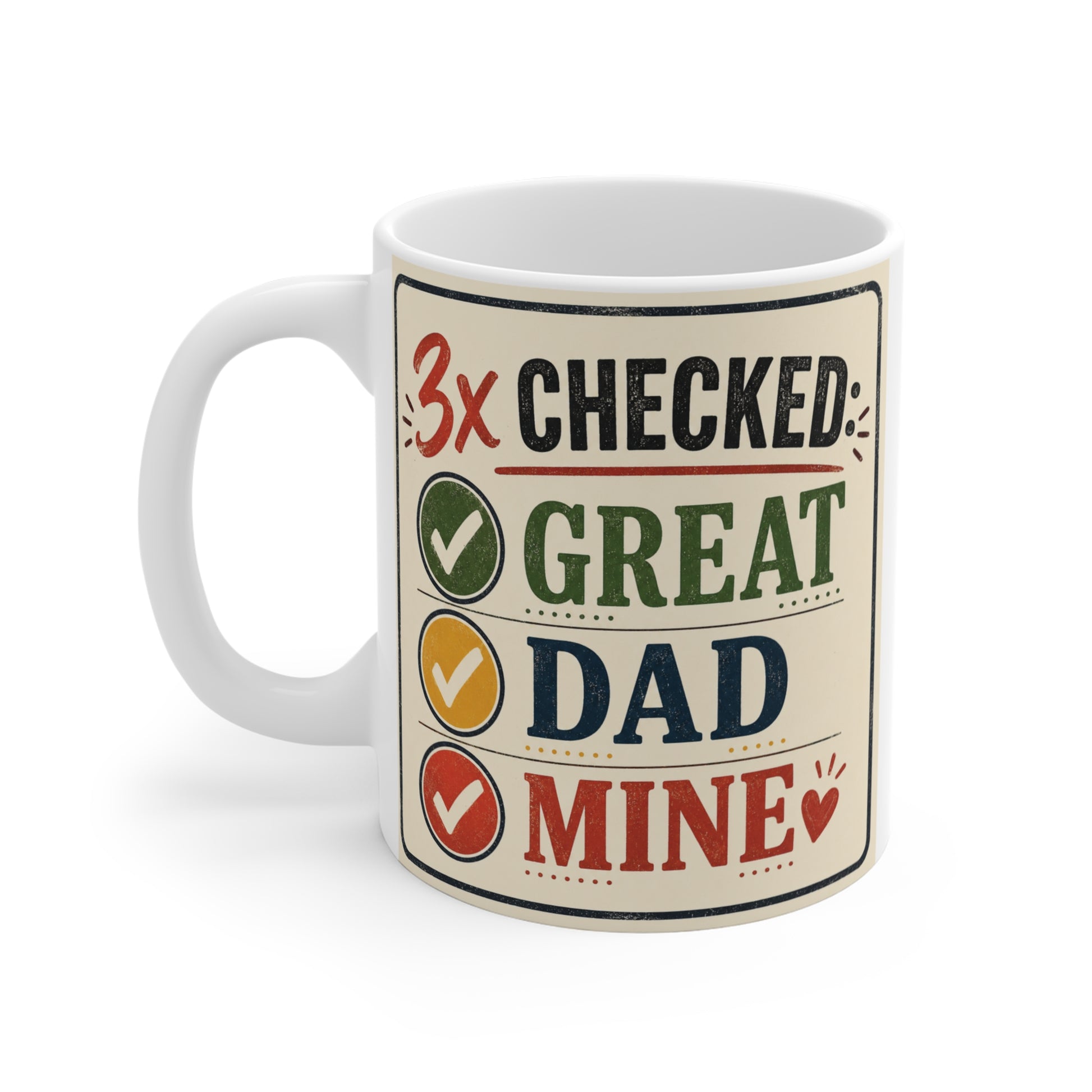Cute 11oz ceramic coffee mug gift for dad with retro checklist artwork and Father’s Day theme