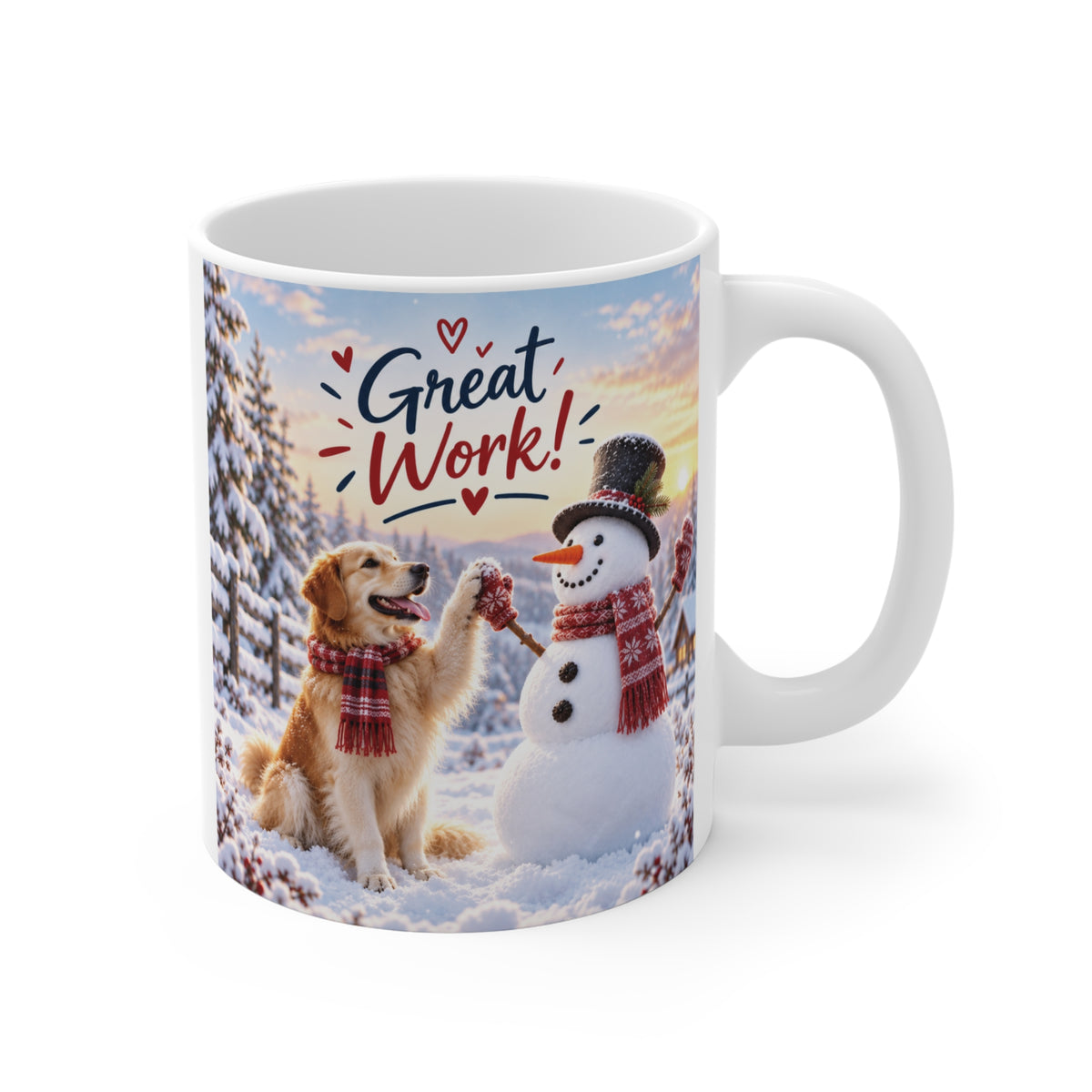 Great Work Christmas appreciation mug featuring a golden retriever high-fiving a snowman in a snowy winter scene.